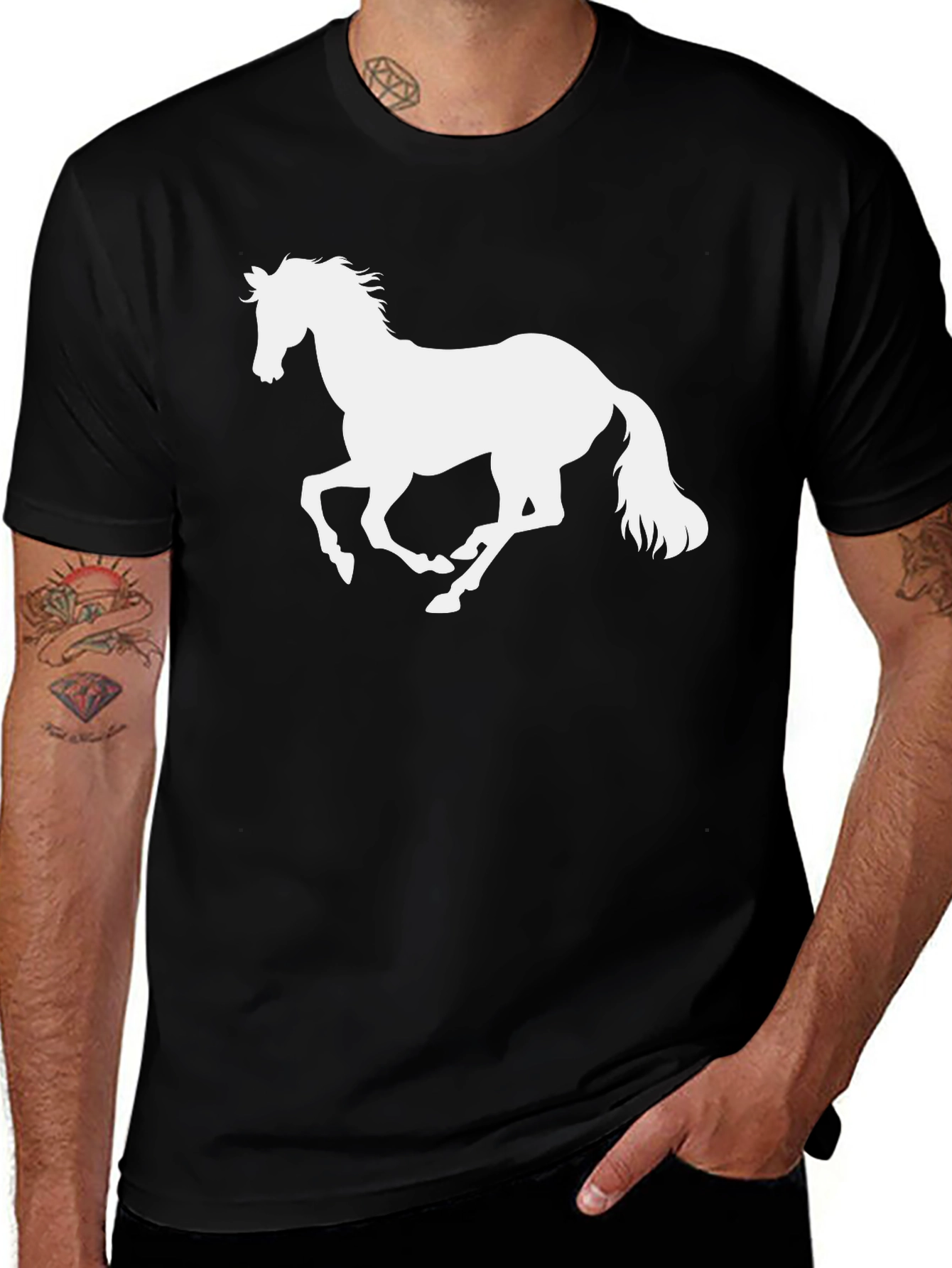 Black T-Shirt with White Horse Graphic