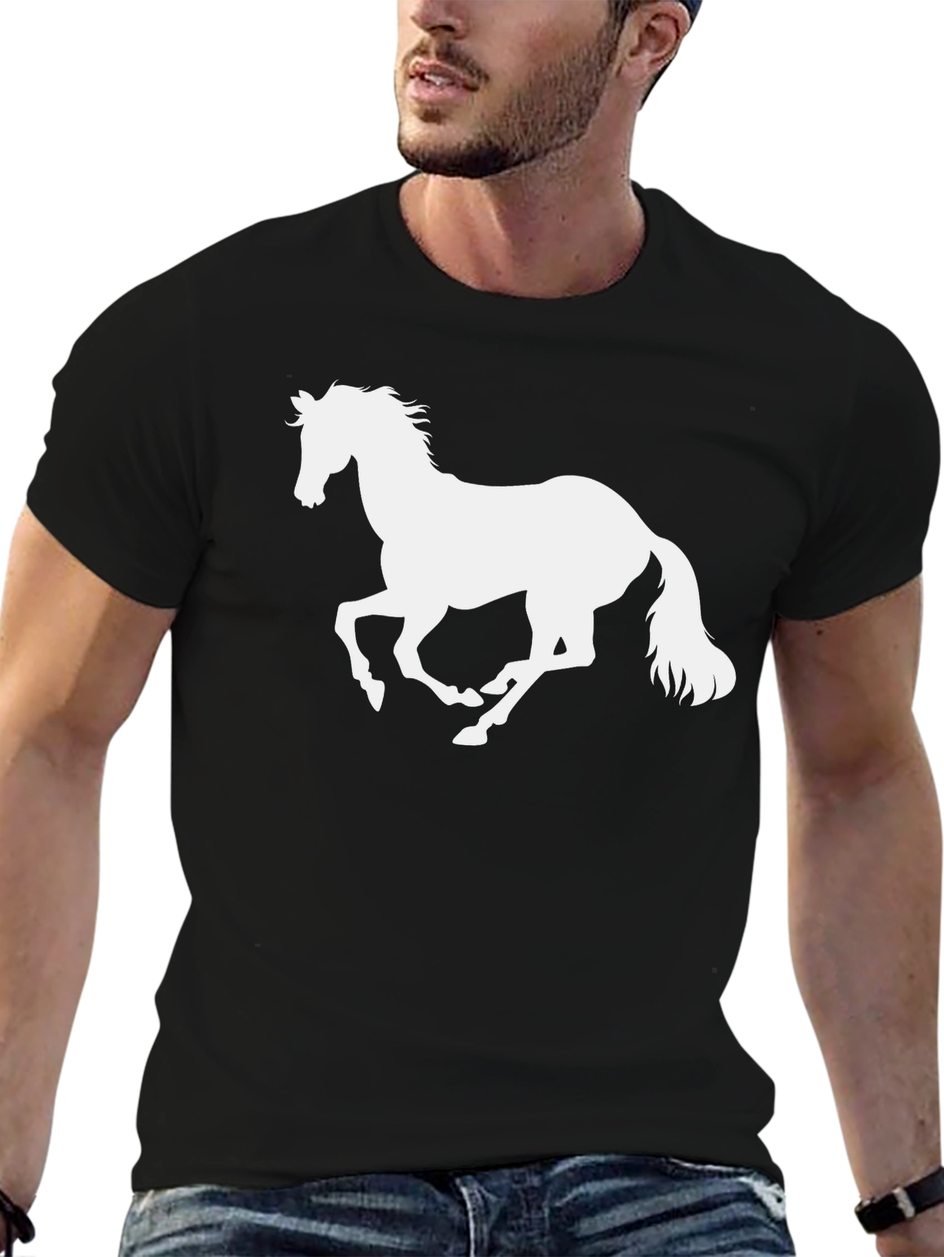 Black T-Shirt with White Horse Graphic