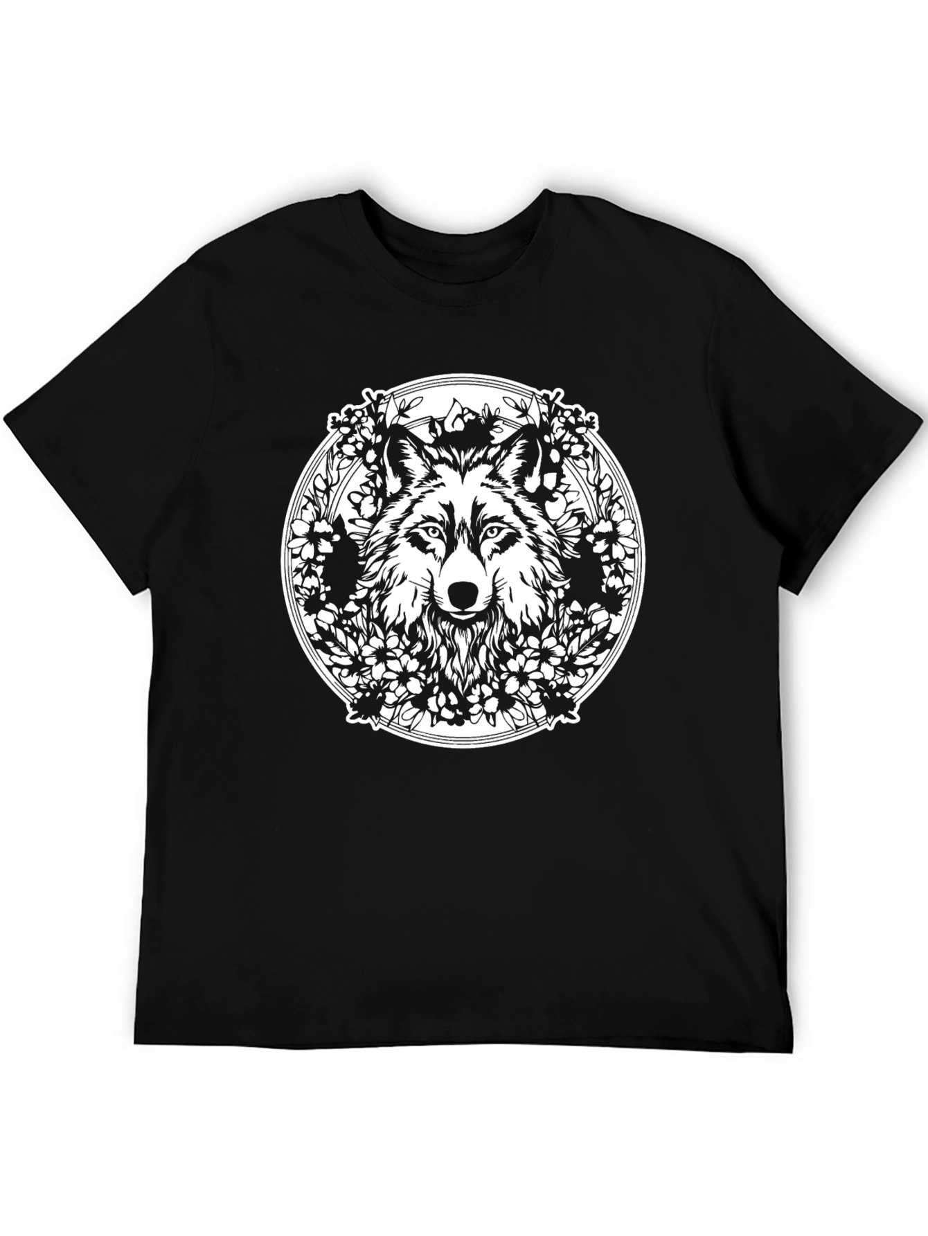 Wolf & Floral Wreath Graphic Black Tee