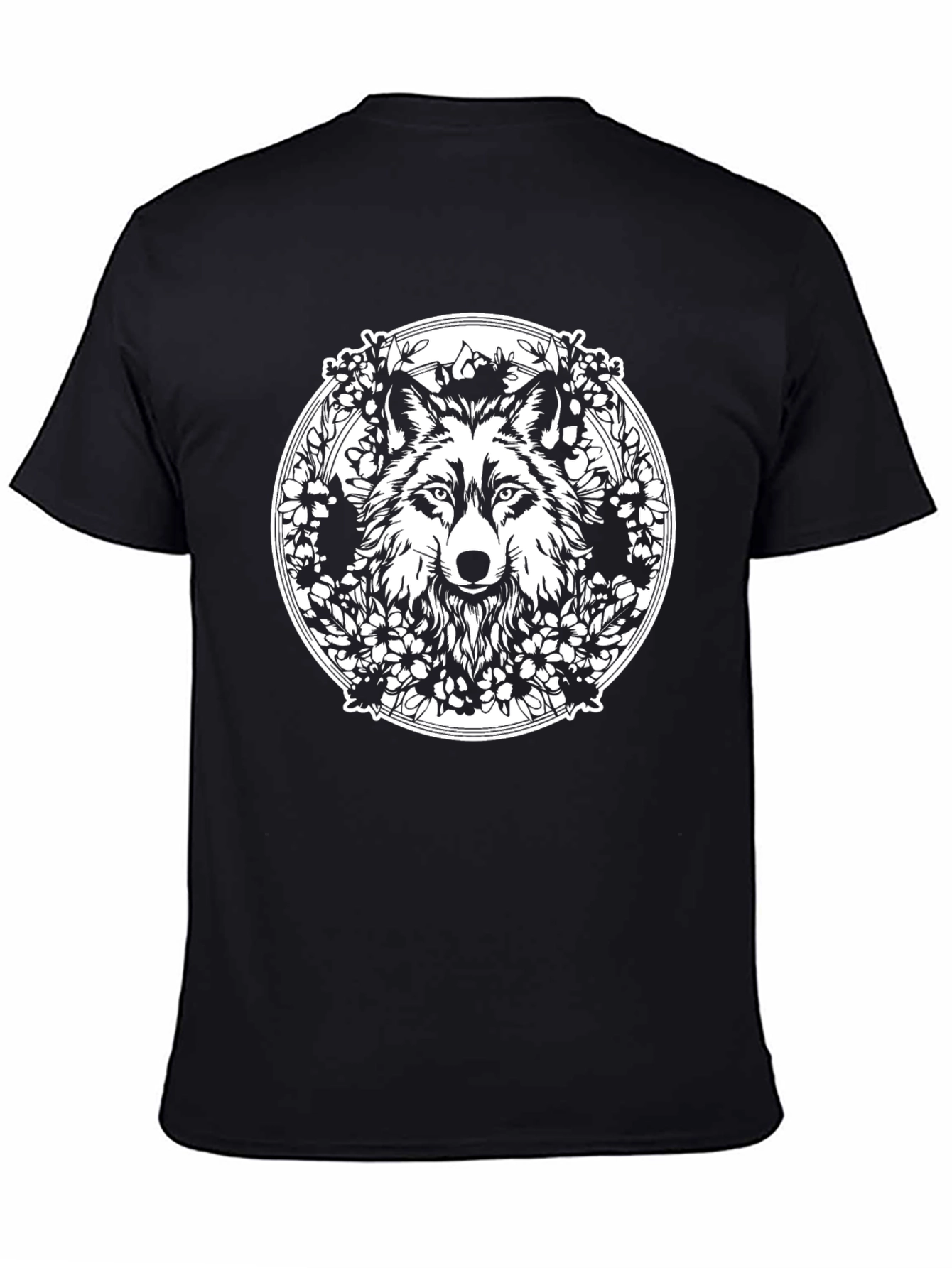 Wolf & Floral Wreath Graphic Black Tee