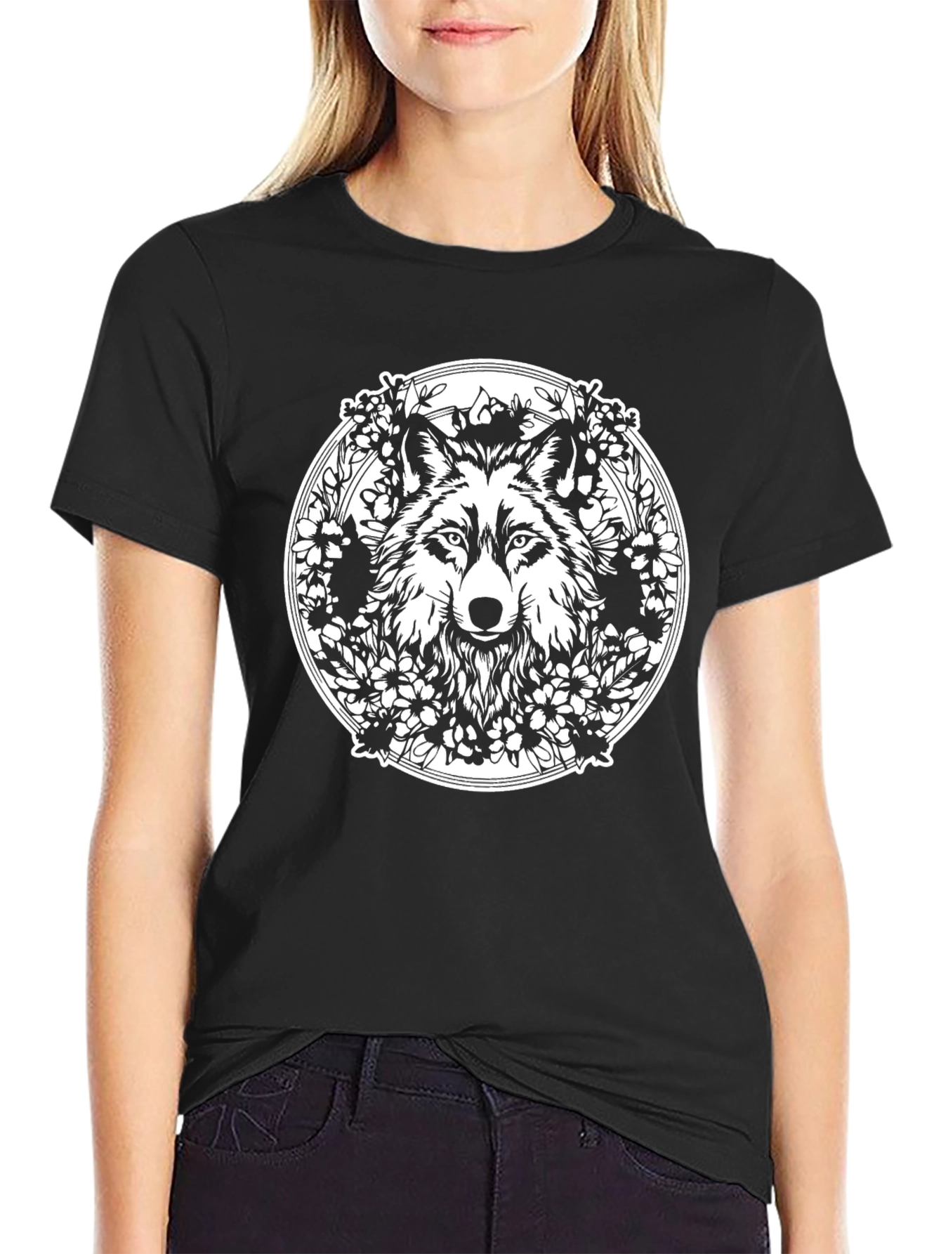 Wolf & Floral Wreath Graphic Black Tee