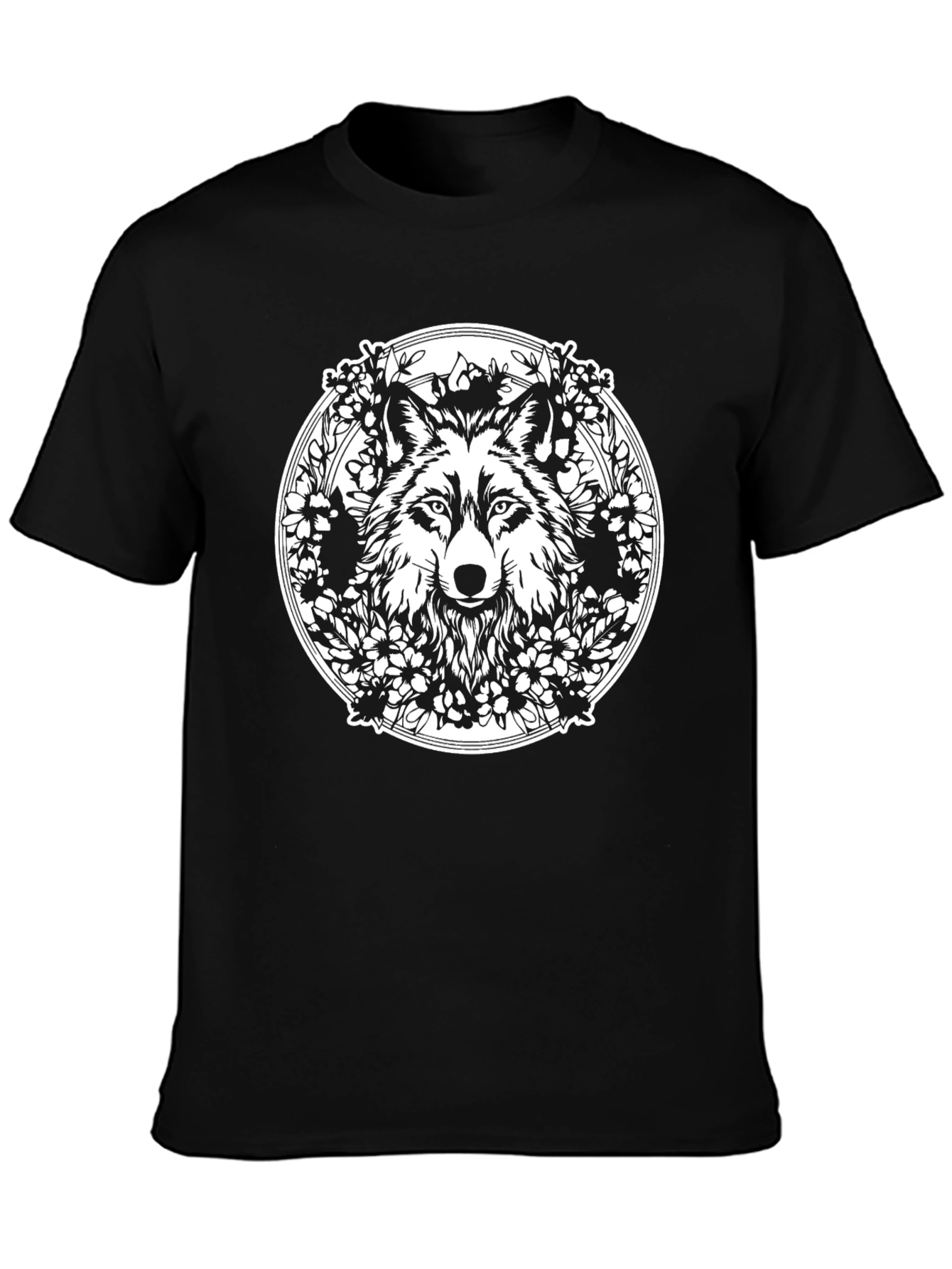 Wolf & Floral Wreath Graphic Black Tee