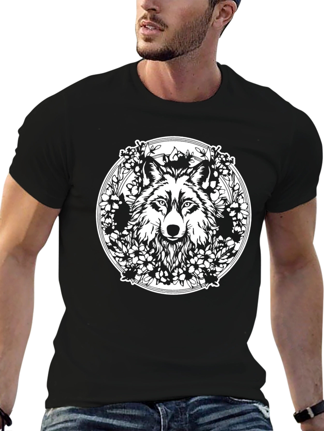 Wolf & Floral Wreath Graphic Black Tee