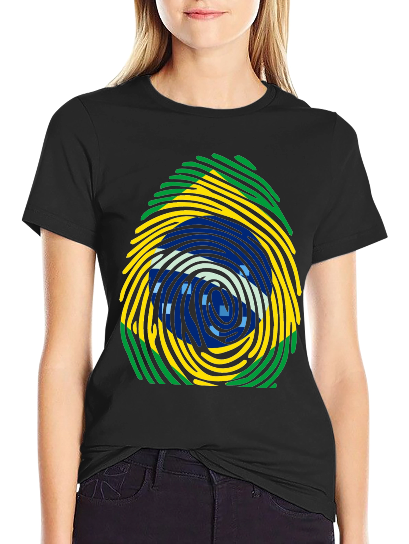 Brazil Flag Fingerprint T-Shirt - Black Cotton Tee