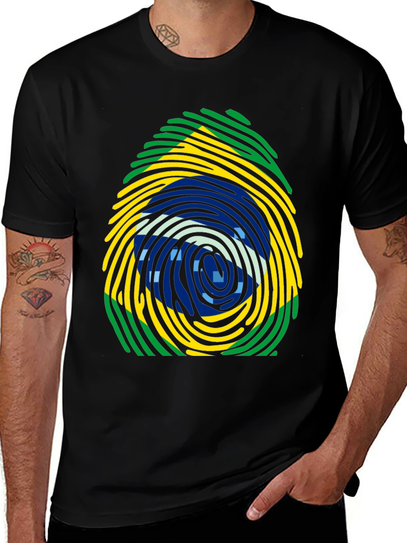 Brazil Flag Fingerprint T-Shirt - Black Cotton Tee