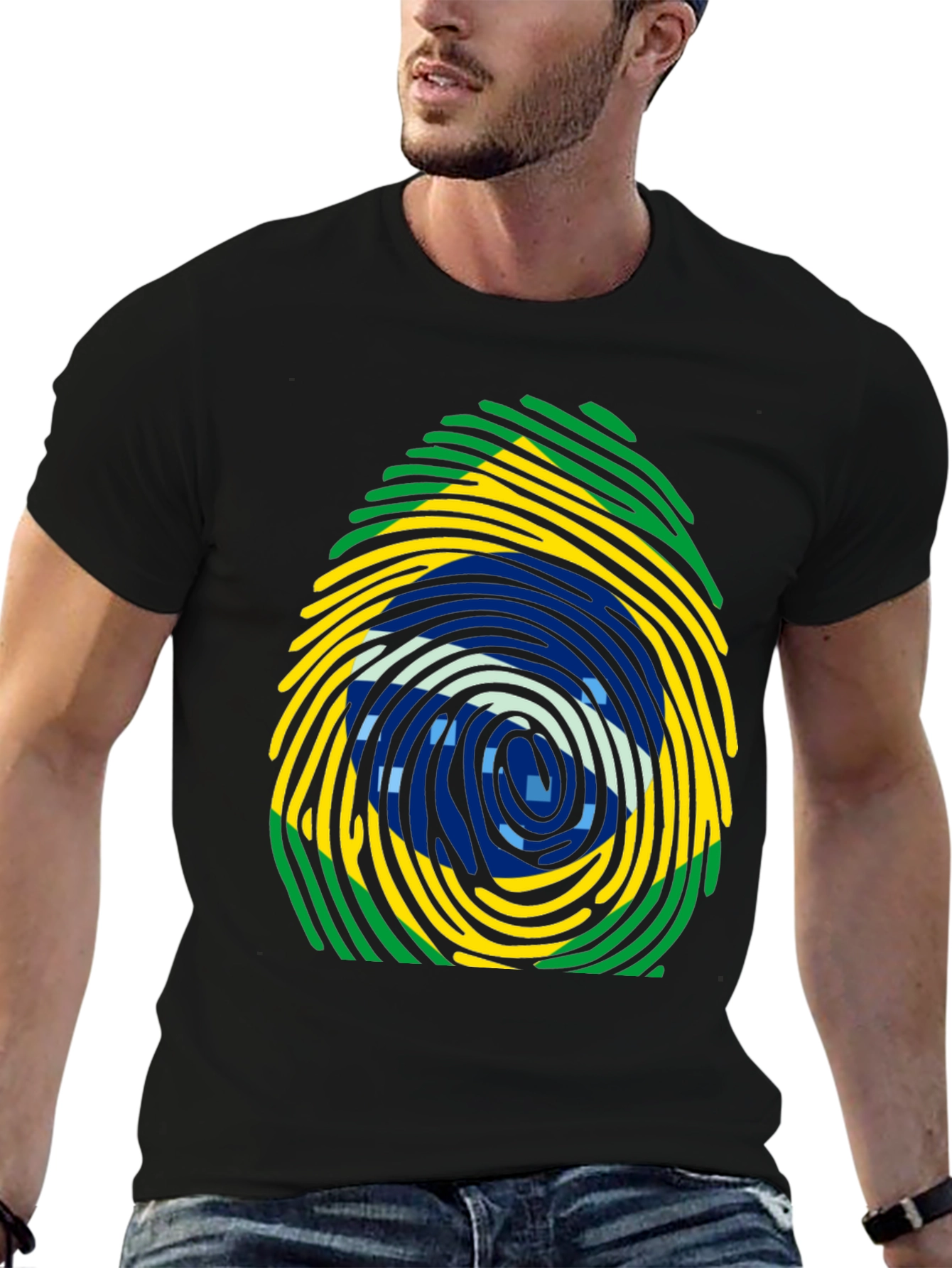 Brazil Flag Fingerprint T-Shirt - Black Cotton Tee