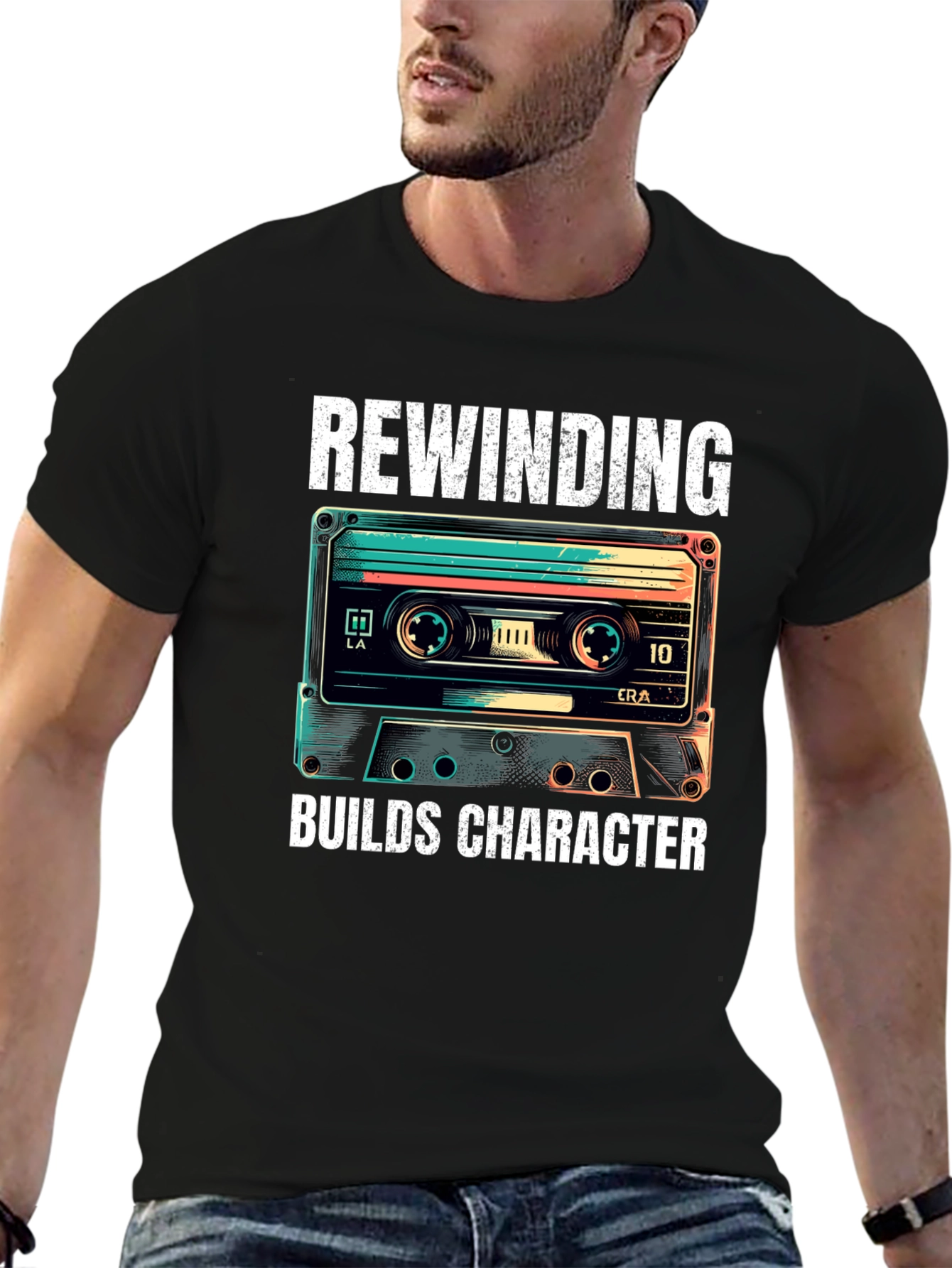 Rewinding Builds Character Retro Cassette T-Shirt