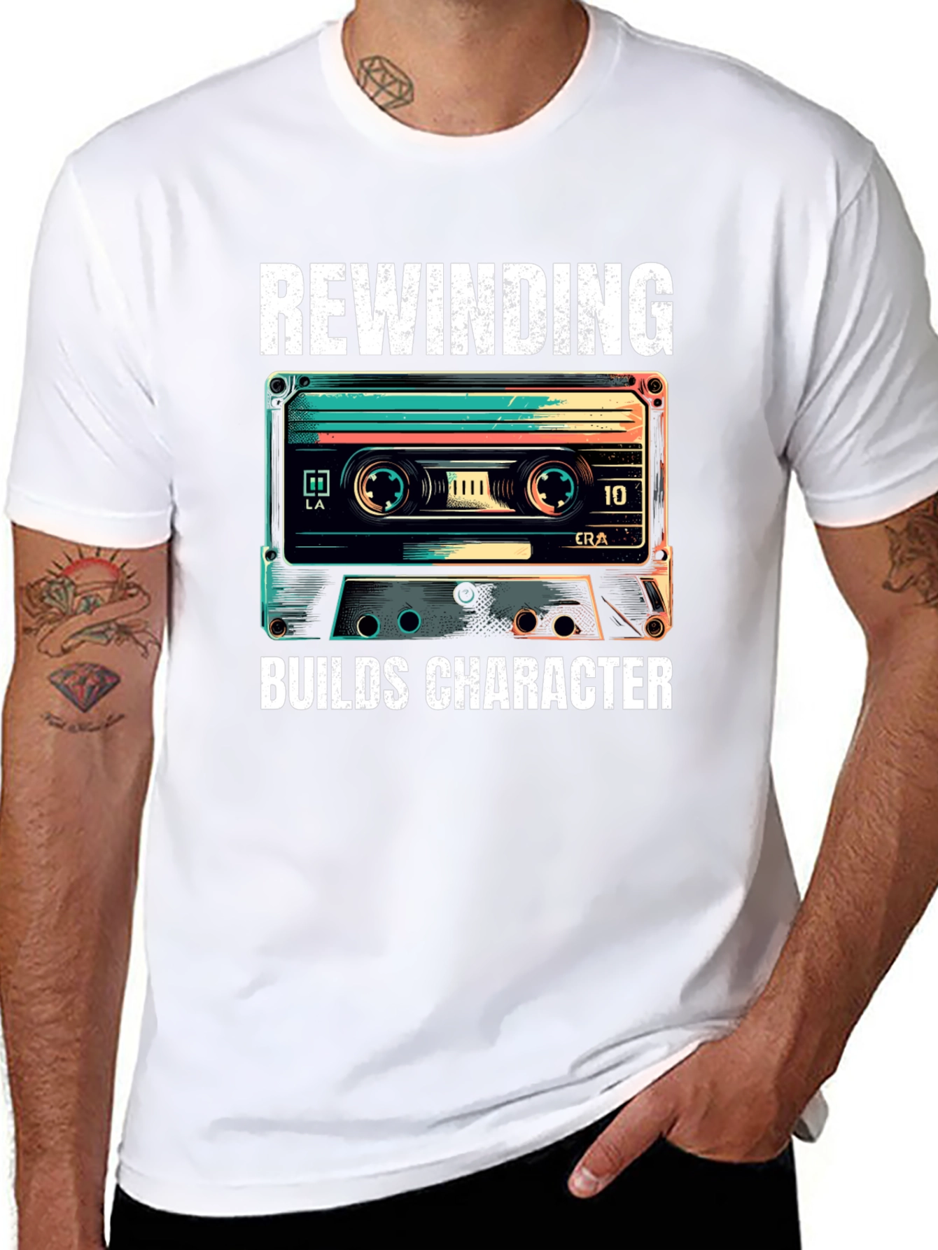 Rewinding Builds Character Retro Cassette T-Shirt