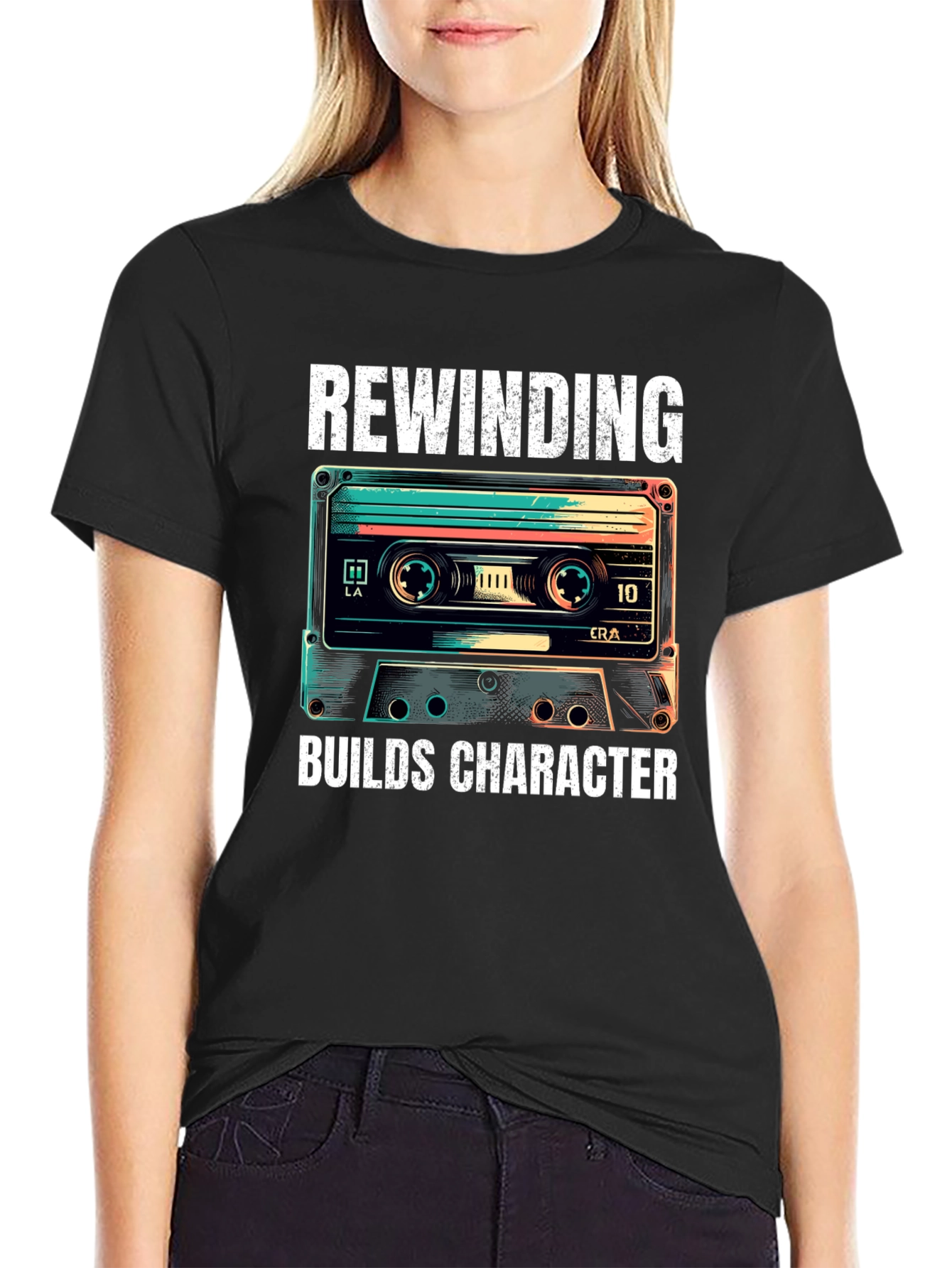 Rewinding Builds Character Retro Cassette T-Shirt