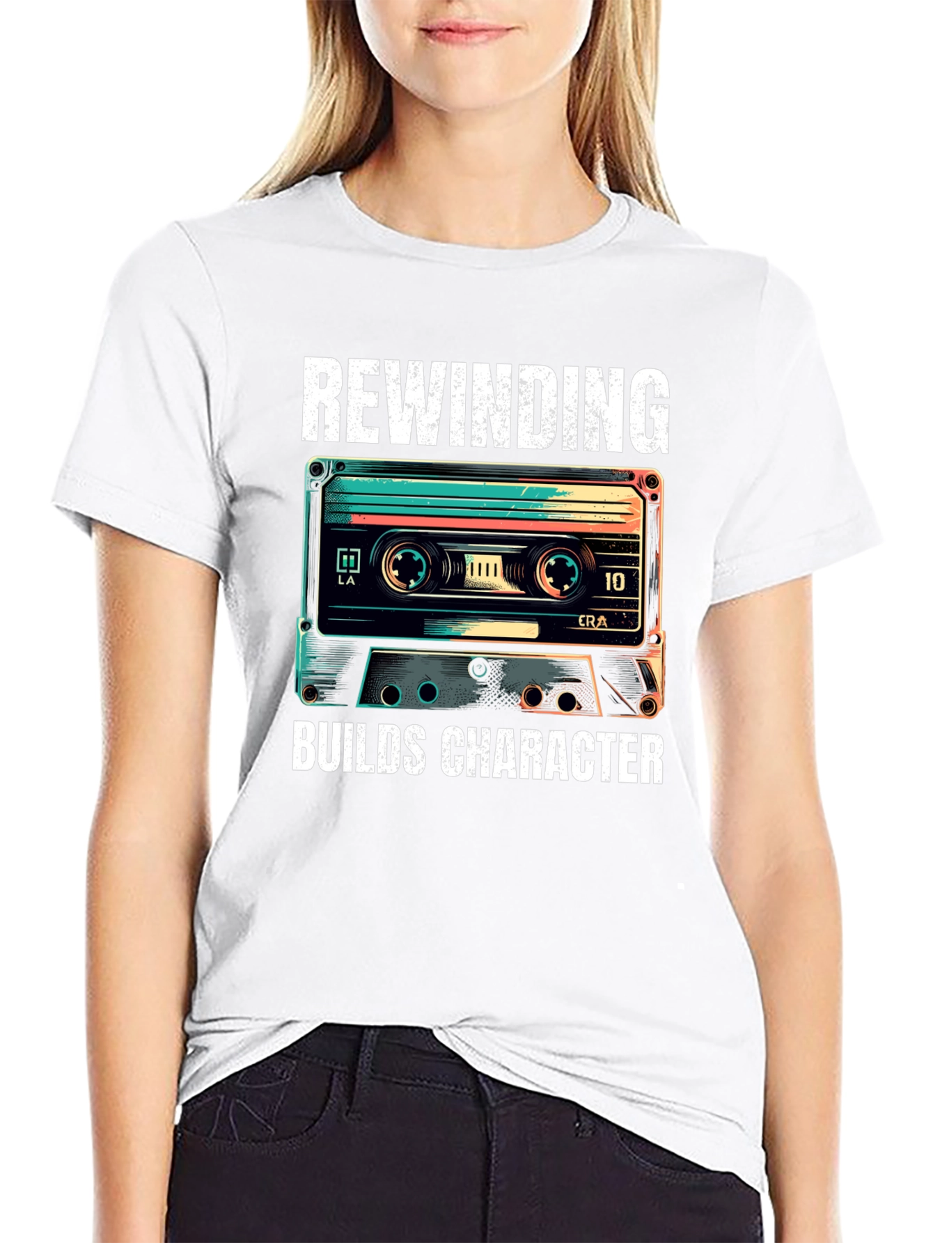 Rewinding Builds Character Retro Cassette T-Shirt