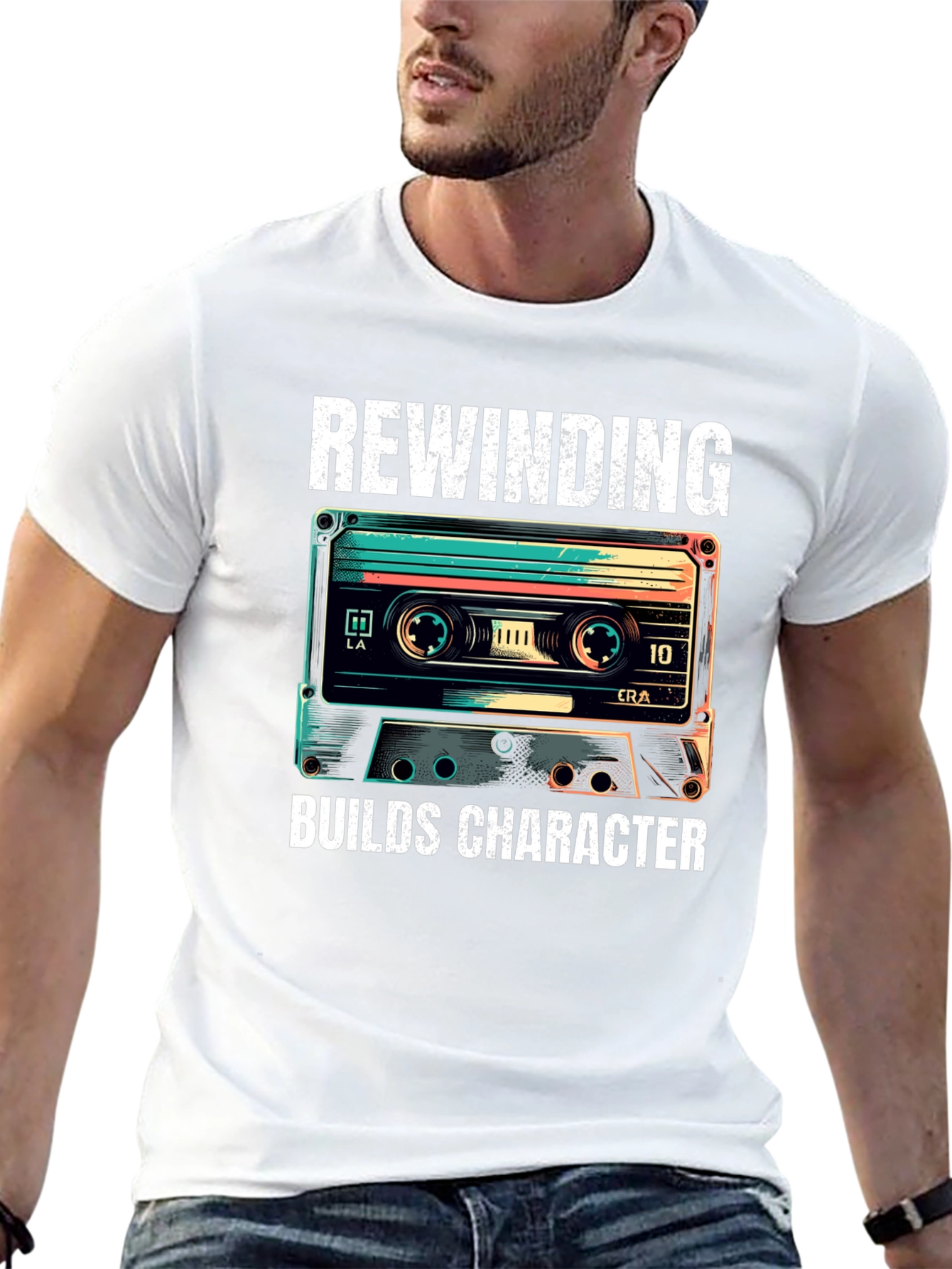 Rewinding Builds Character Retro Cassette T-Shirt