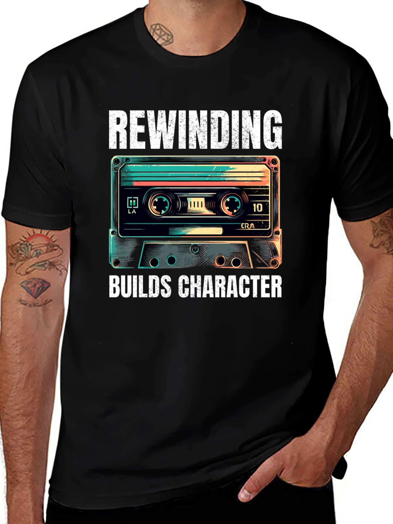 Rewinding Builds Character Retro Cassette T-Shirt