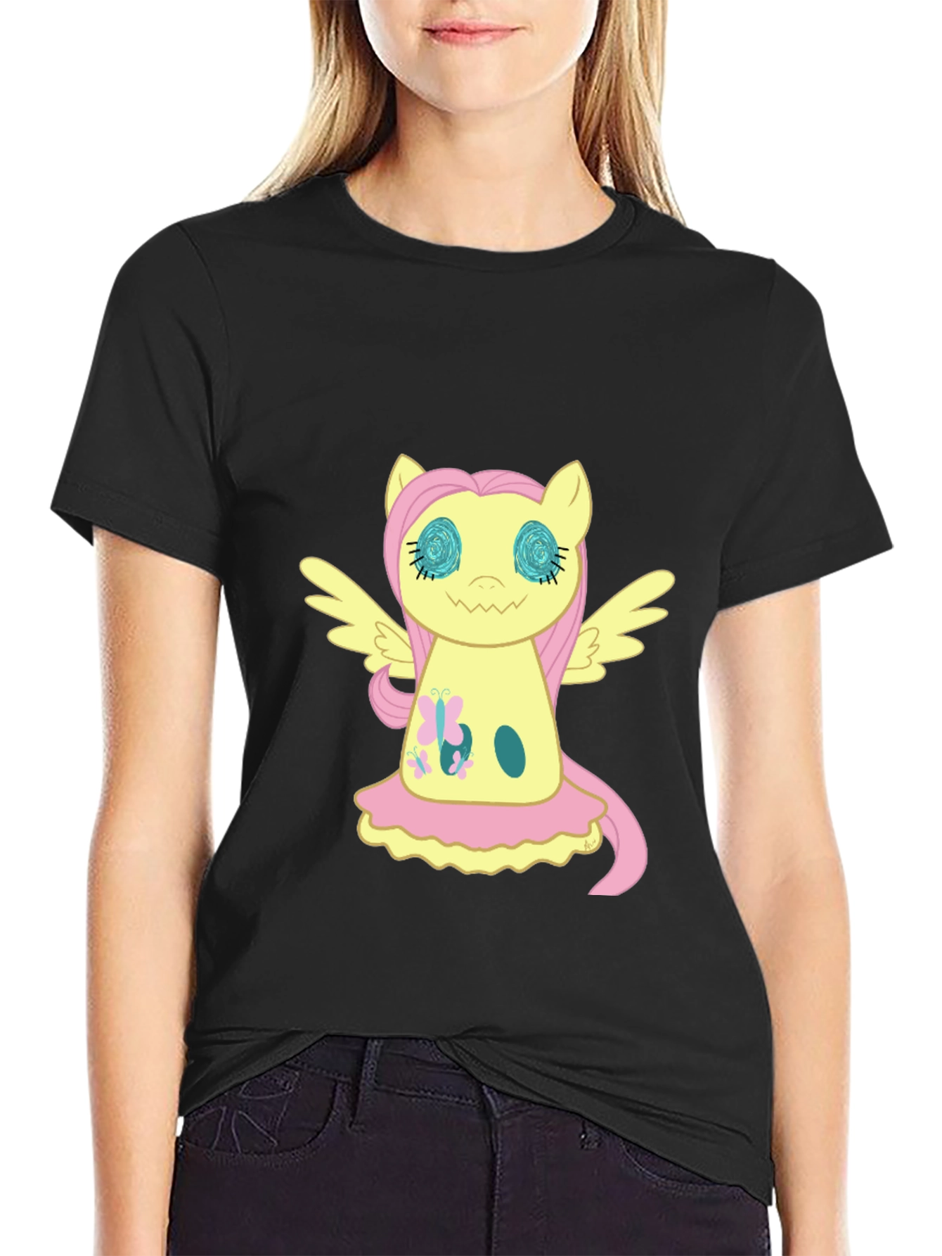 Fluttershy Graphic Print Black T-Shirt