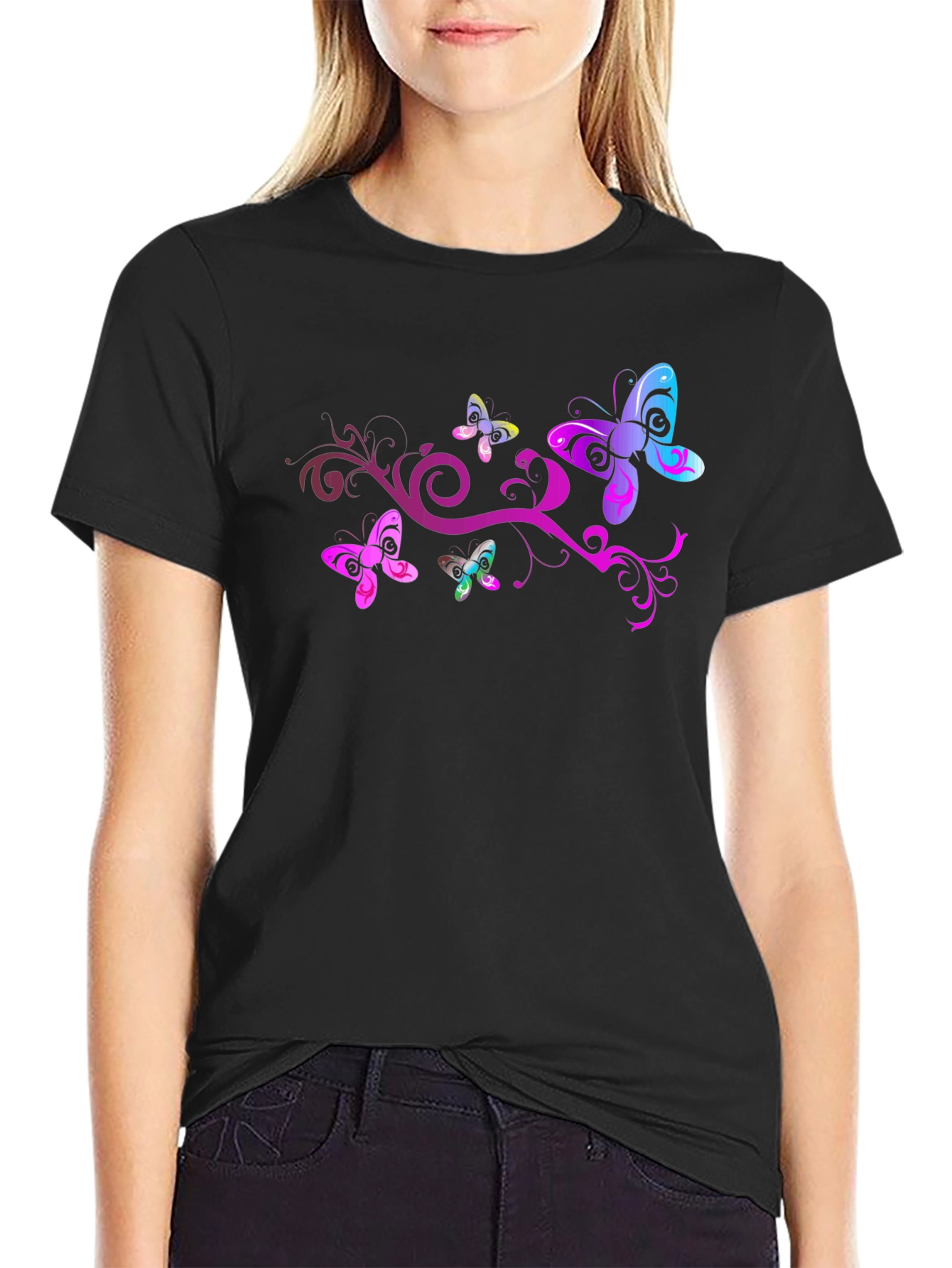 Butterfly Swirl Graphic Tee - Black Cotton Blend