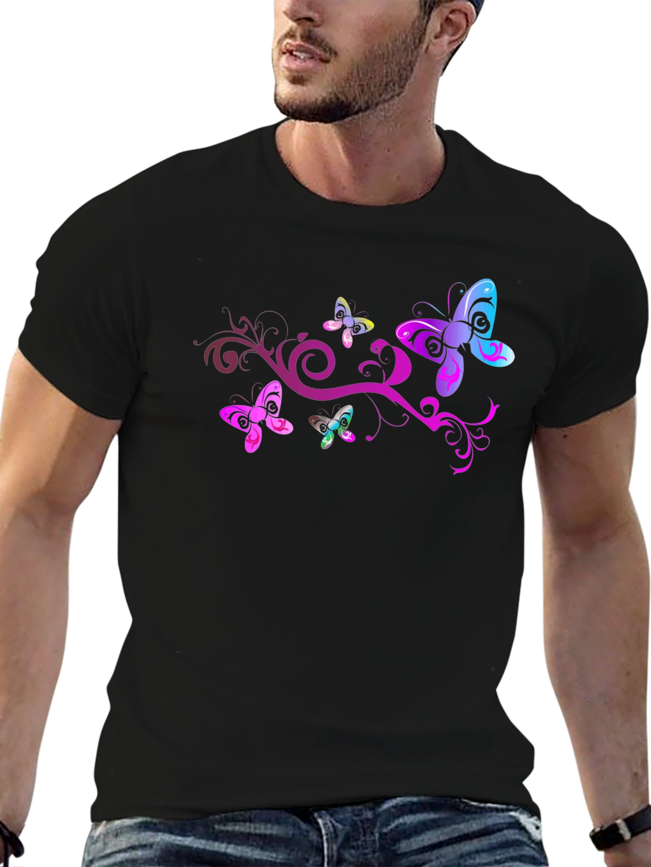Butterfly Swirl Graphic Tee - Black Cotton Blend