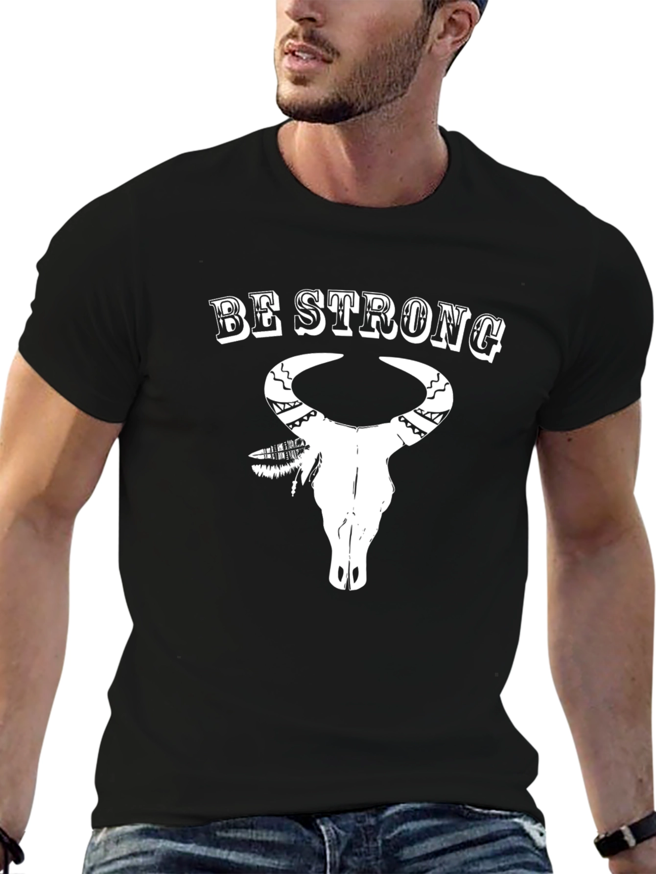 Be Strong Bull Skull Graphic Print Tee - Black