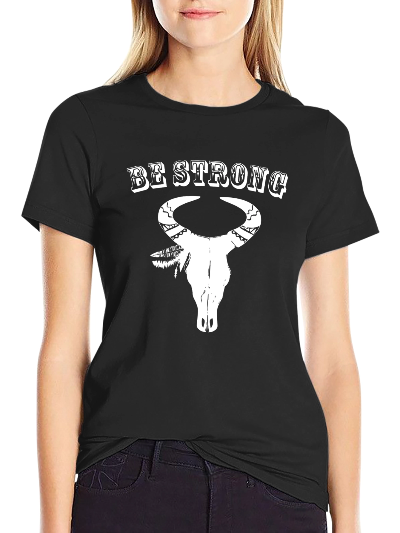 Be Strong Bull Skull Graphic Print Tee - Black