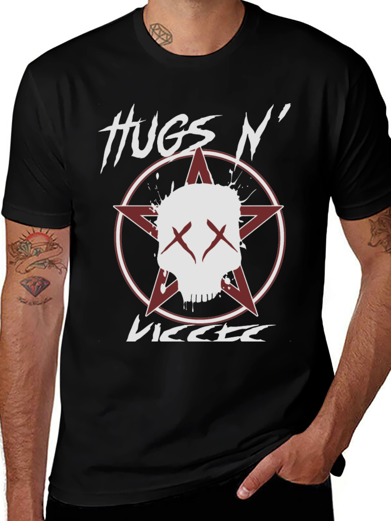 Hugs N VICCTE Black Graphic T-Shirt with Skull Design