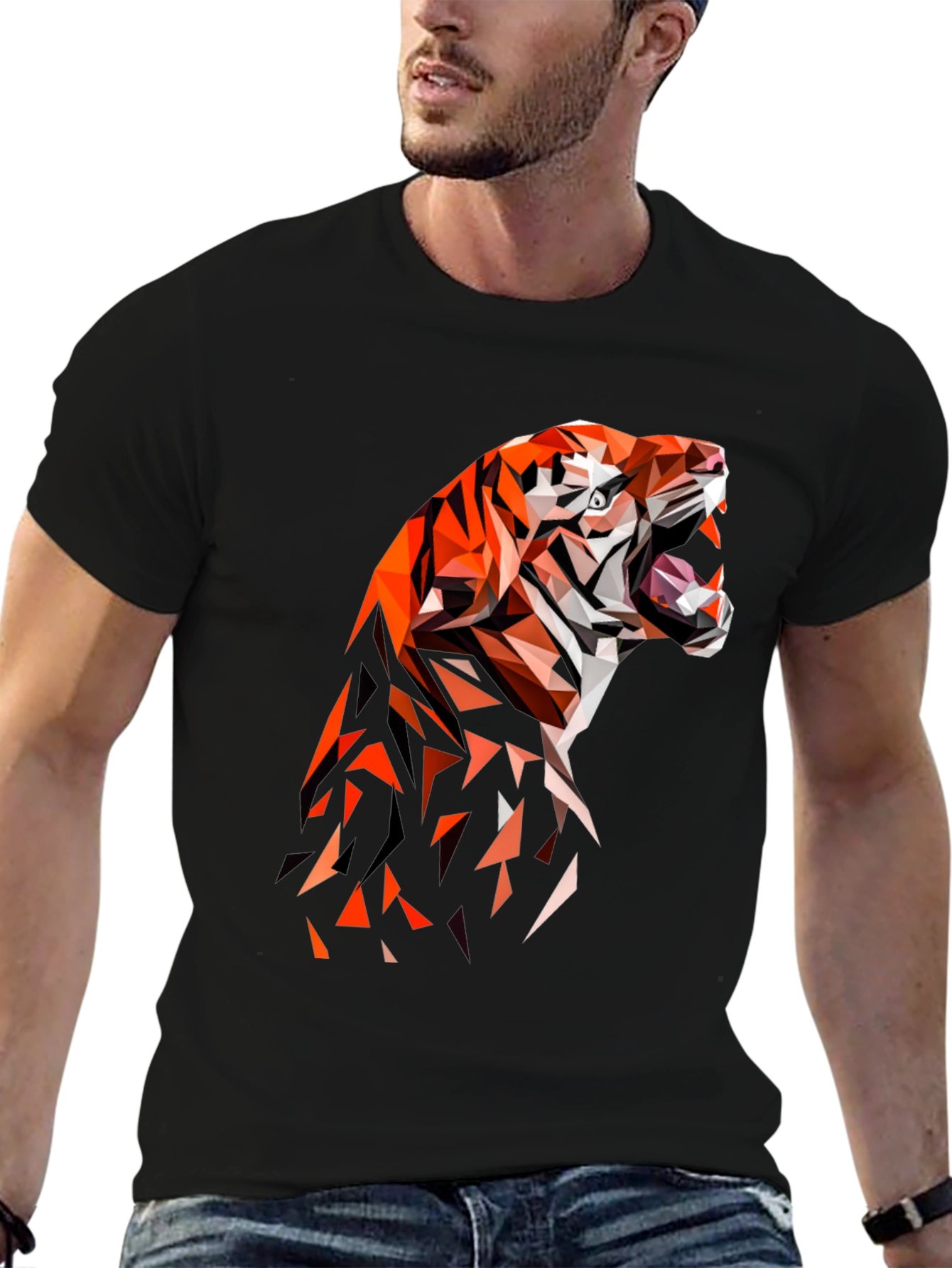 Geometric Tiger Graphic Black T-Shirt