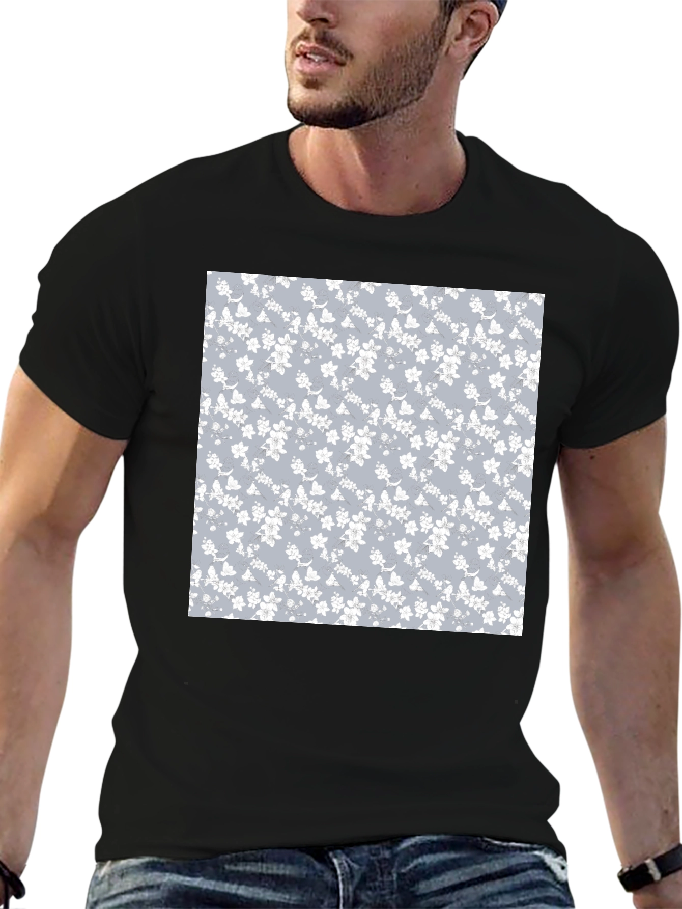 Floral Pattern T-Shirt - Black Cotton Blend