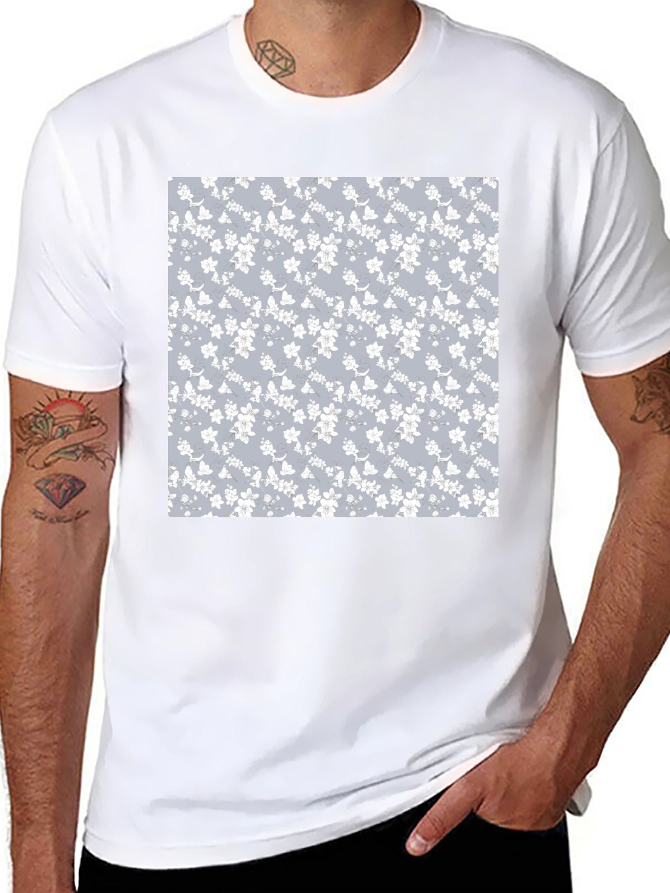 Floral Pattern T-Shirt - Black Cotton Blend