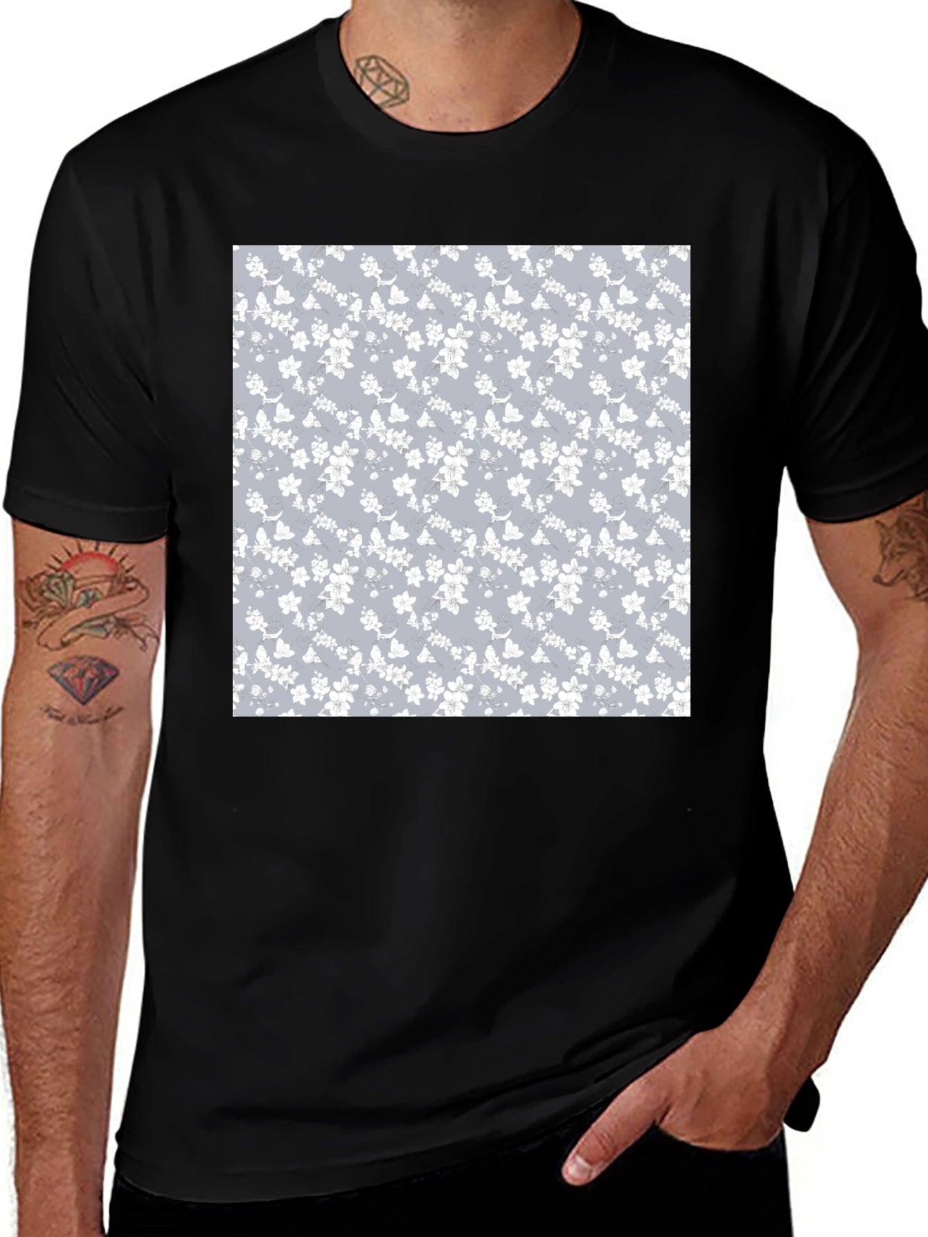 Floral Pattern T-Shirt - Black Cotton Blend