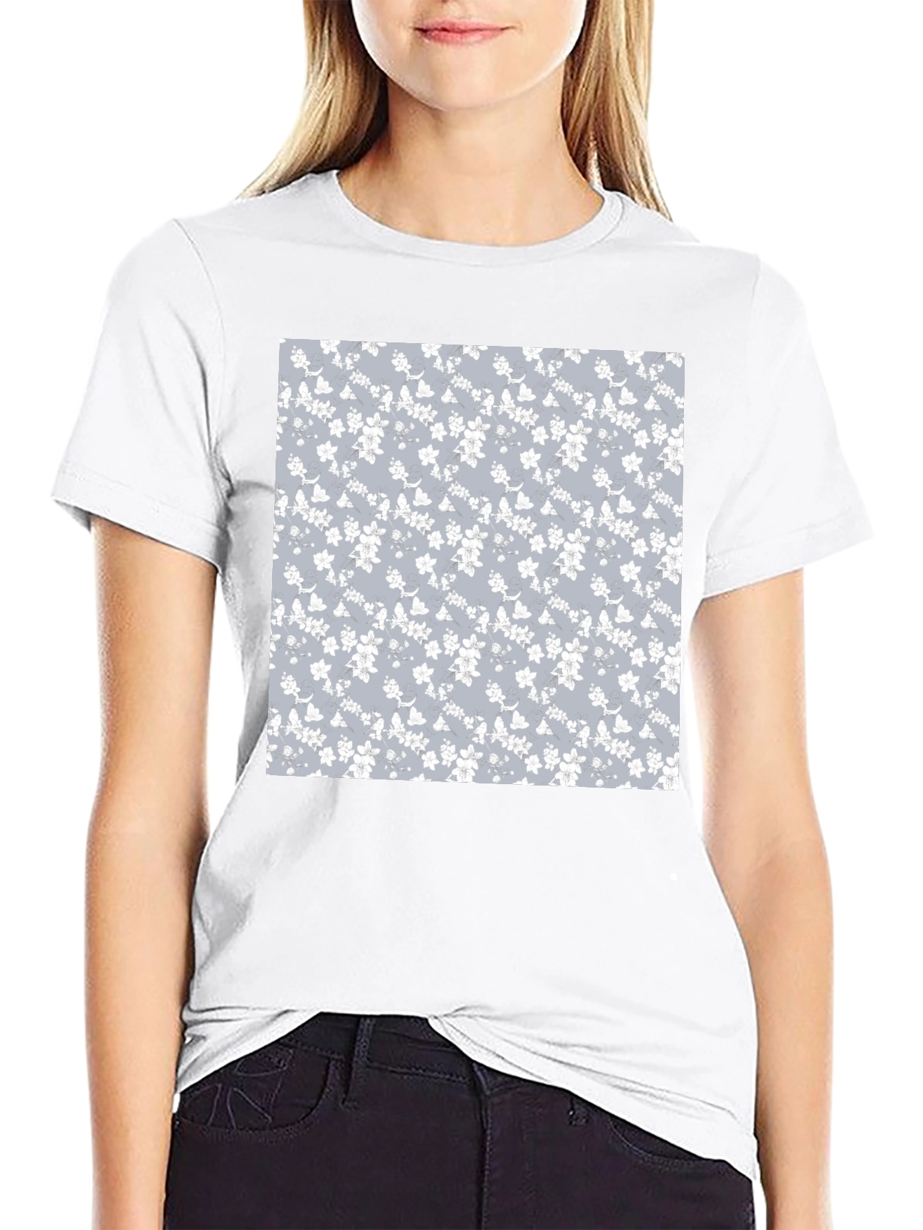 Floral Pattern T-Shirt - Black Cotton Blend