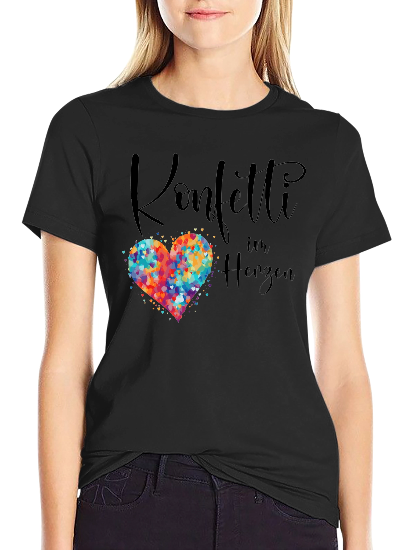 Confetti Heart Graphic Tee - Black Cotton T-Shirt