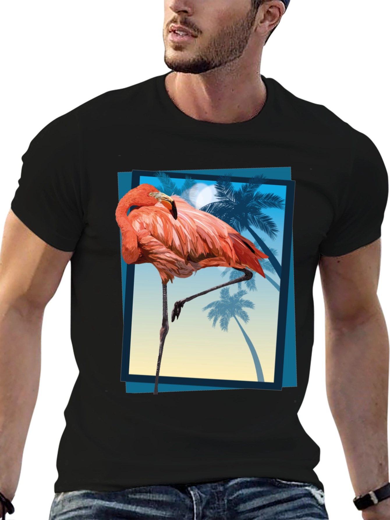 Tropical Flamingo Graphic Tee - Mens Black T-Shirt