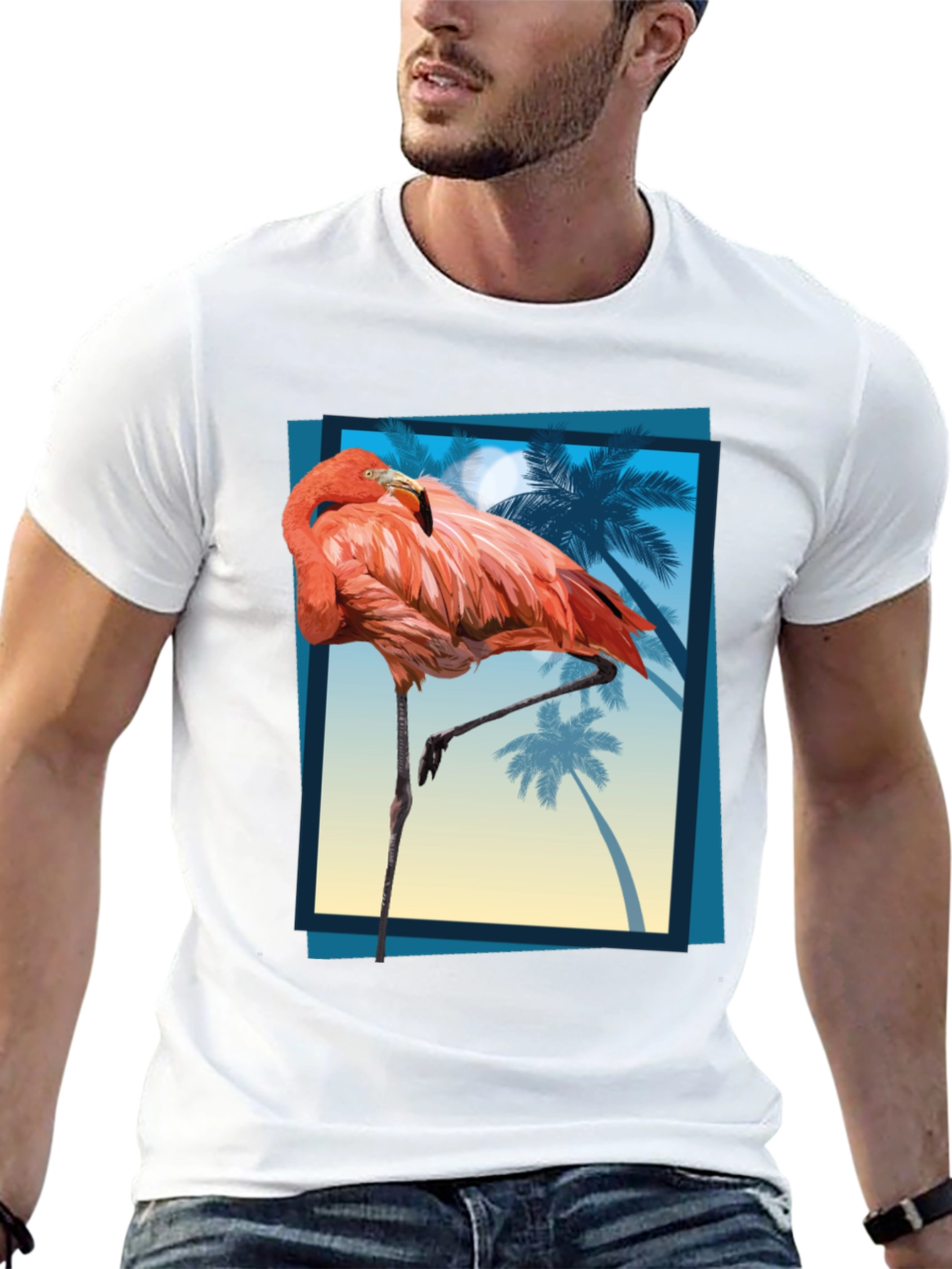 Tropical Flamingo Graphic Tee - Mens Black T-Shirt
