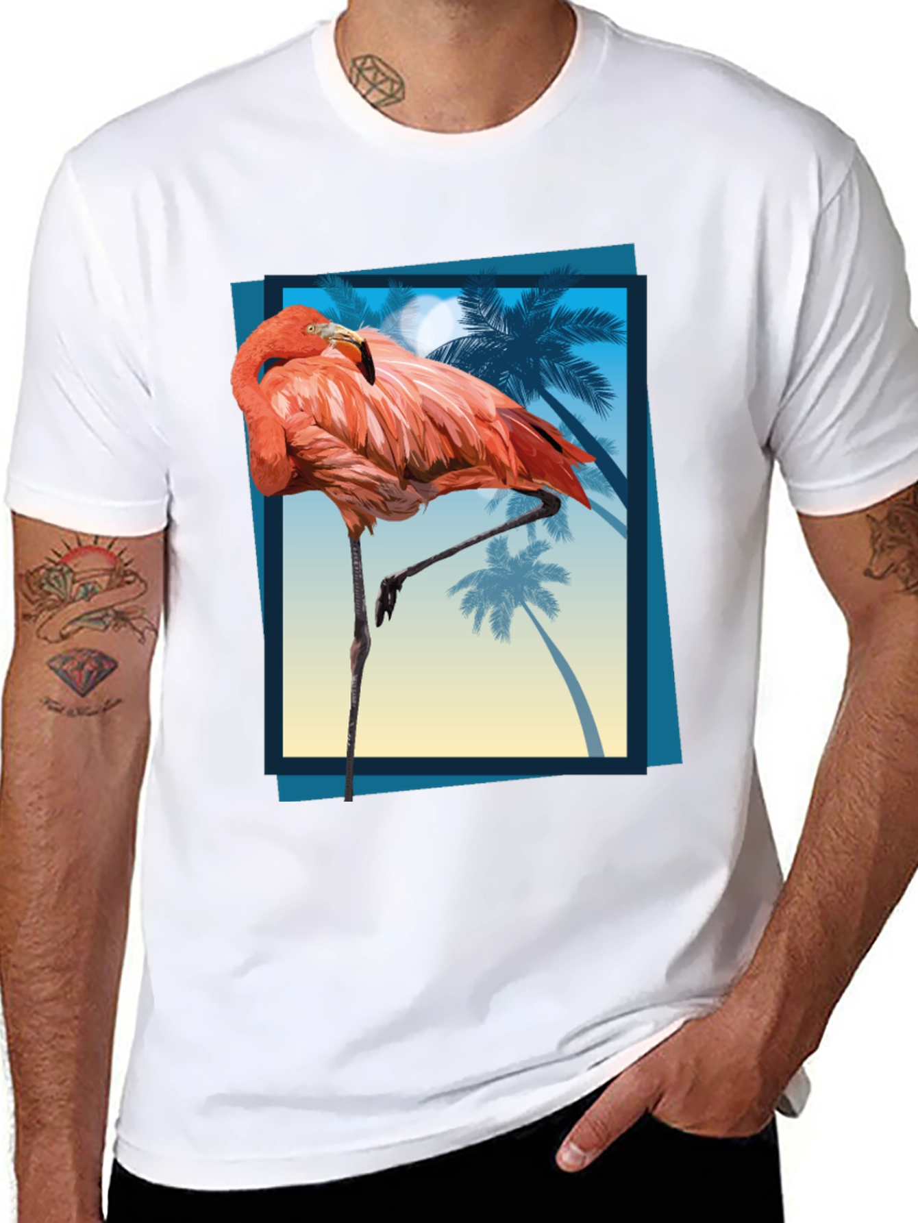 Tropical Flamingo Graphic Tee - Mens Black T-Shirt