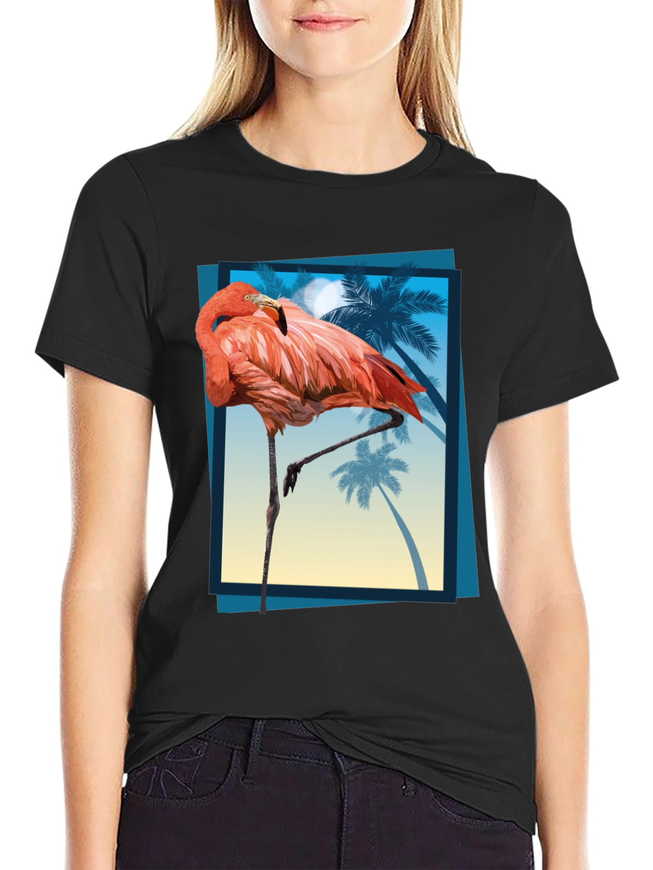 Tropical Flamingo Graphic Tee - Mens Black T-Shirt