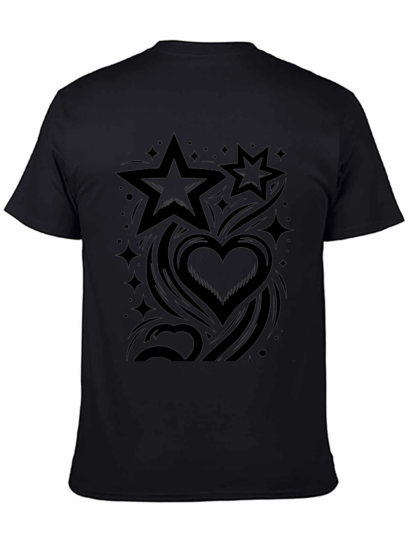 Stylish Black Graphic Tee - Stars & Hearts Design
