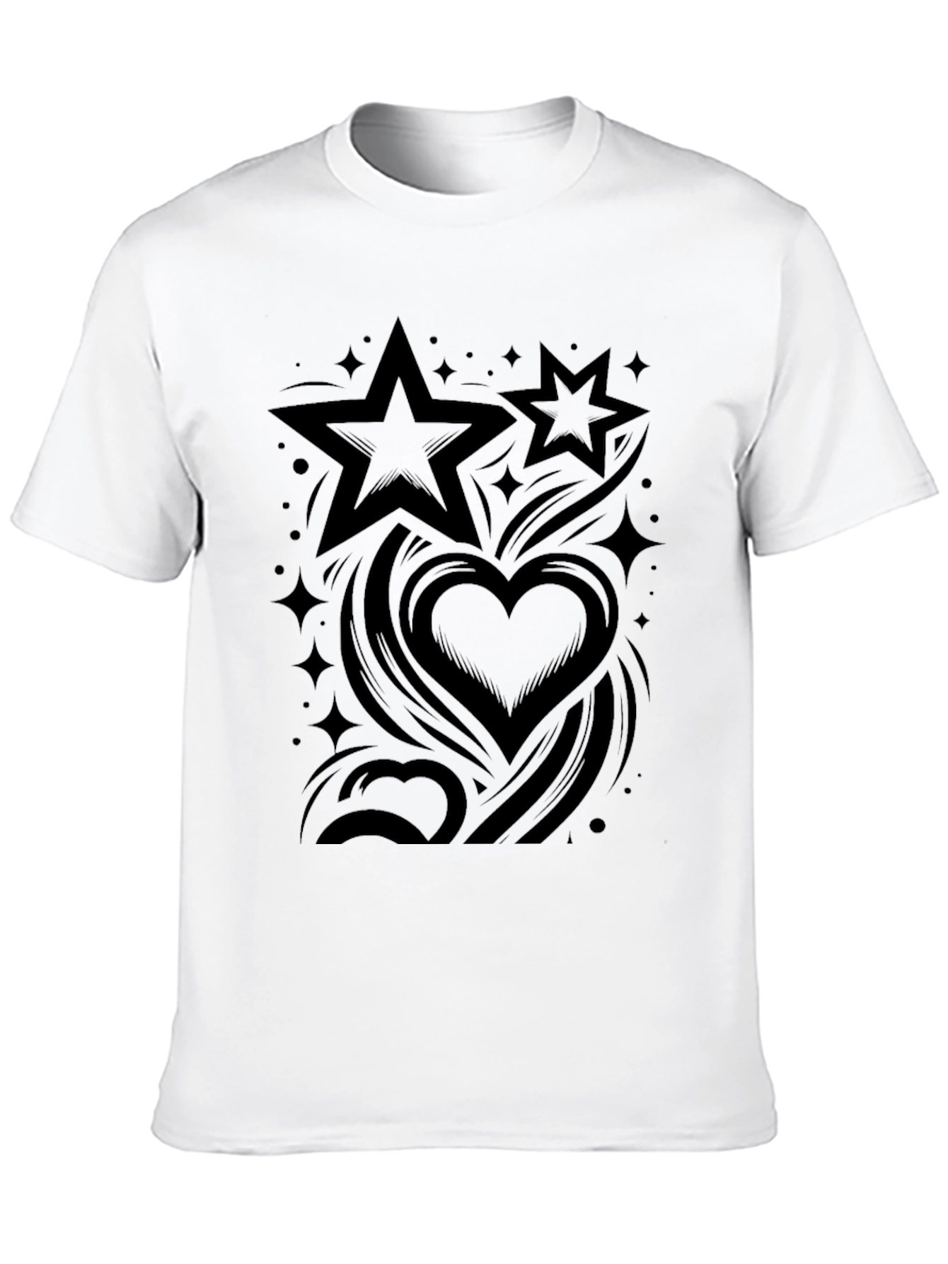Stylish Black Graphic Tee - Stars & Hearts Design