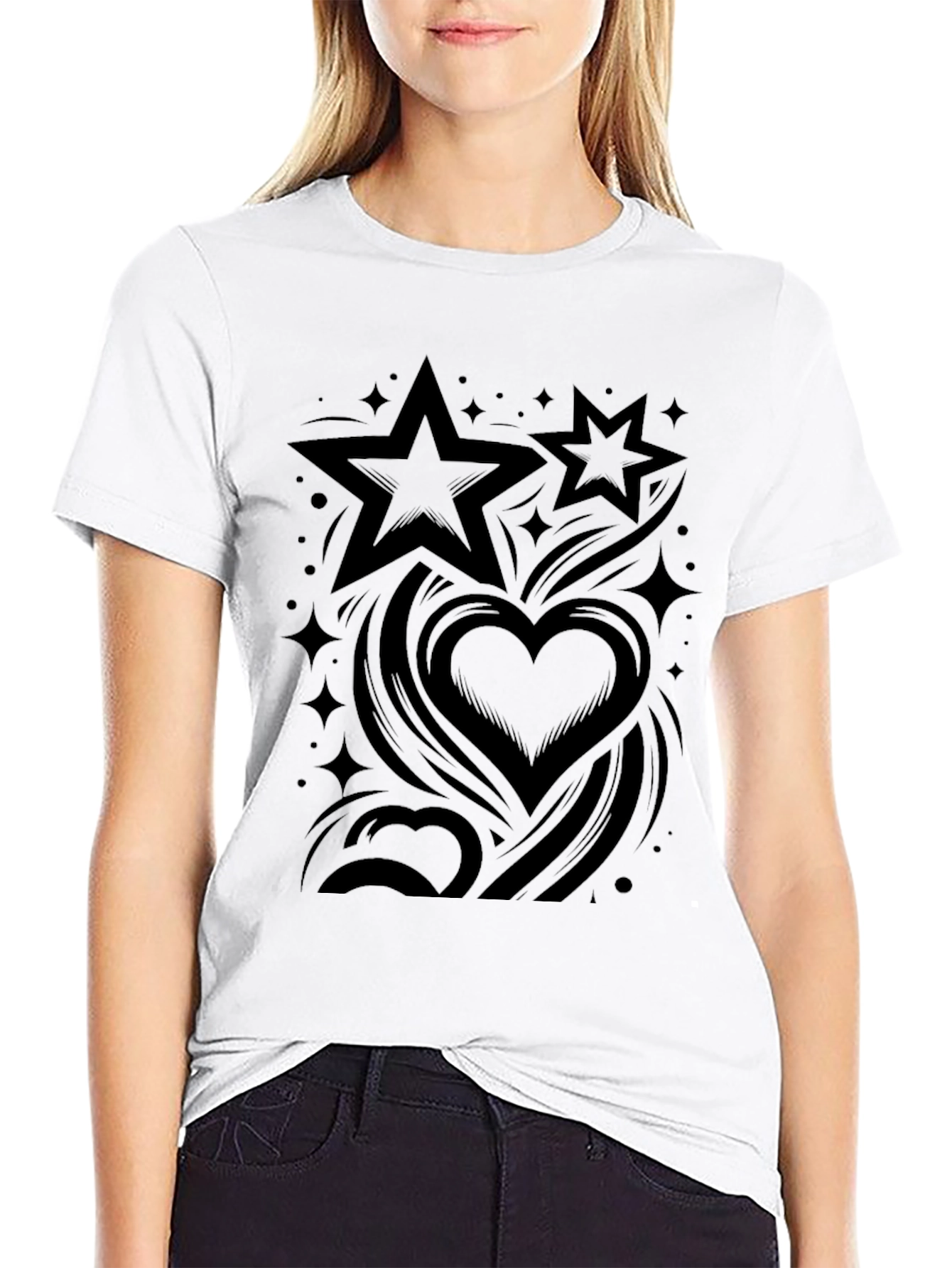 Stylish Black Graphic Tee - Stars & Hearts Design