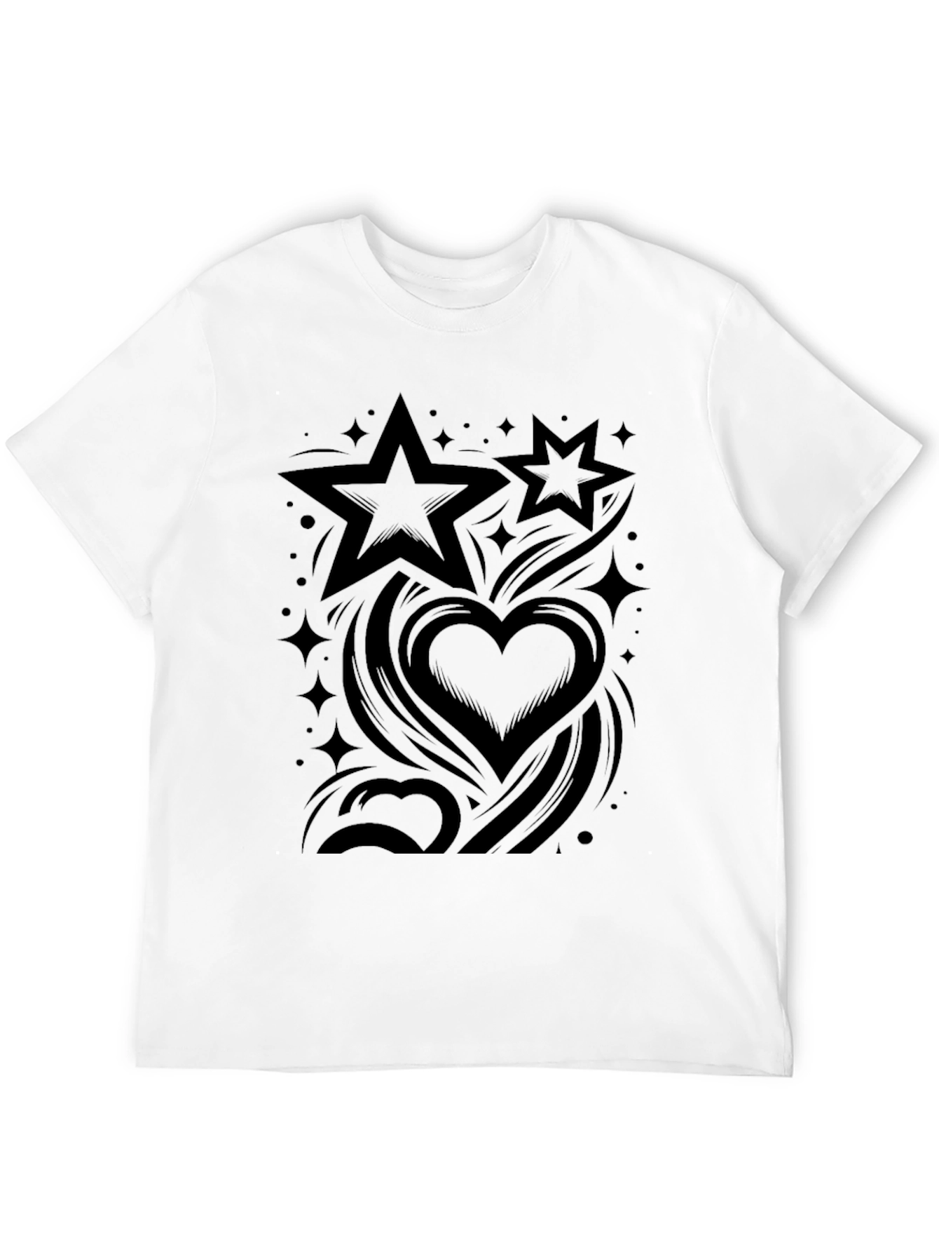 Stylish Black Graphic Tee - Stars & Hearts Design