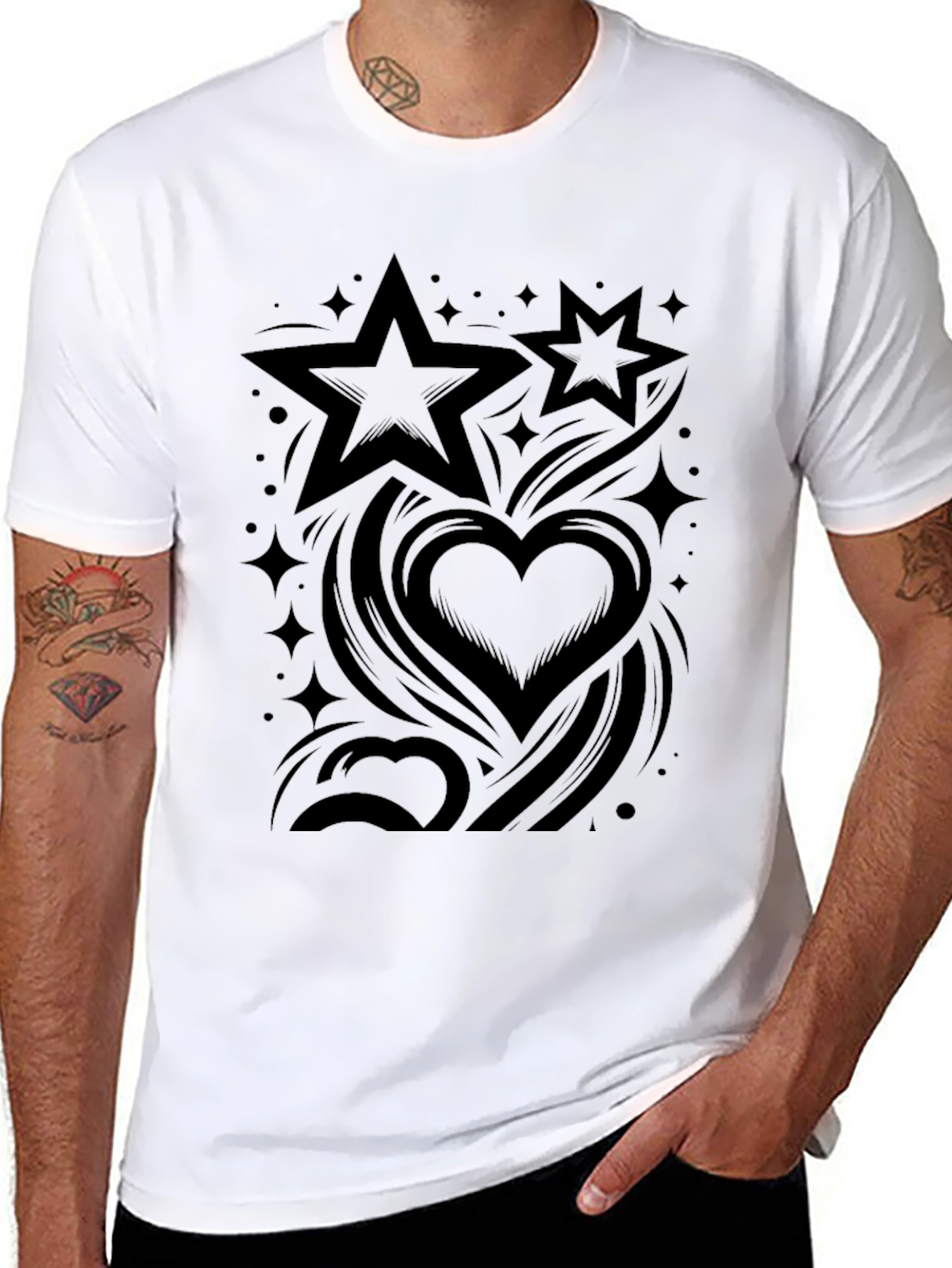 Stylish Black Graphic Tee - Stars & Hearts Design
