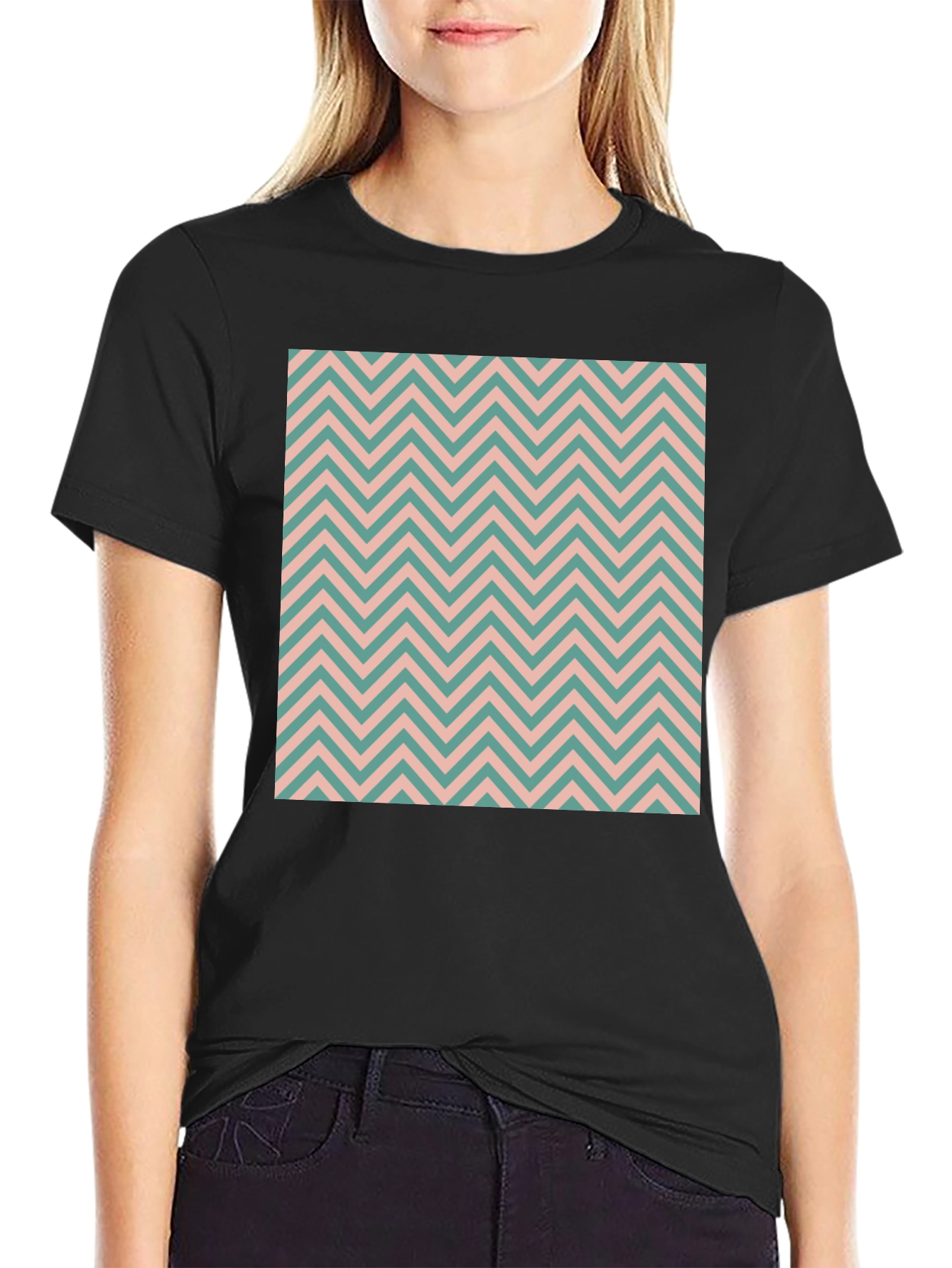 Chevron Pattern Black Crew Neck T-Shirt