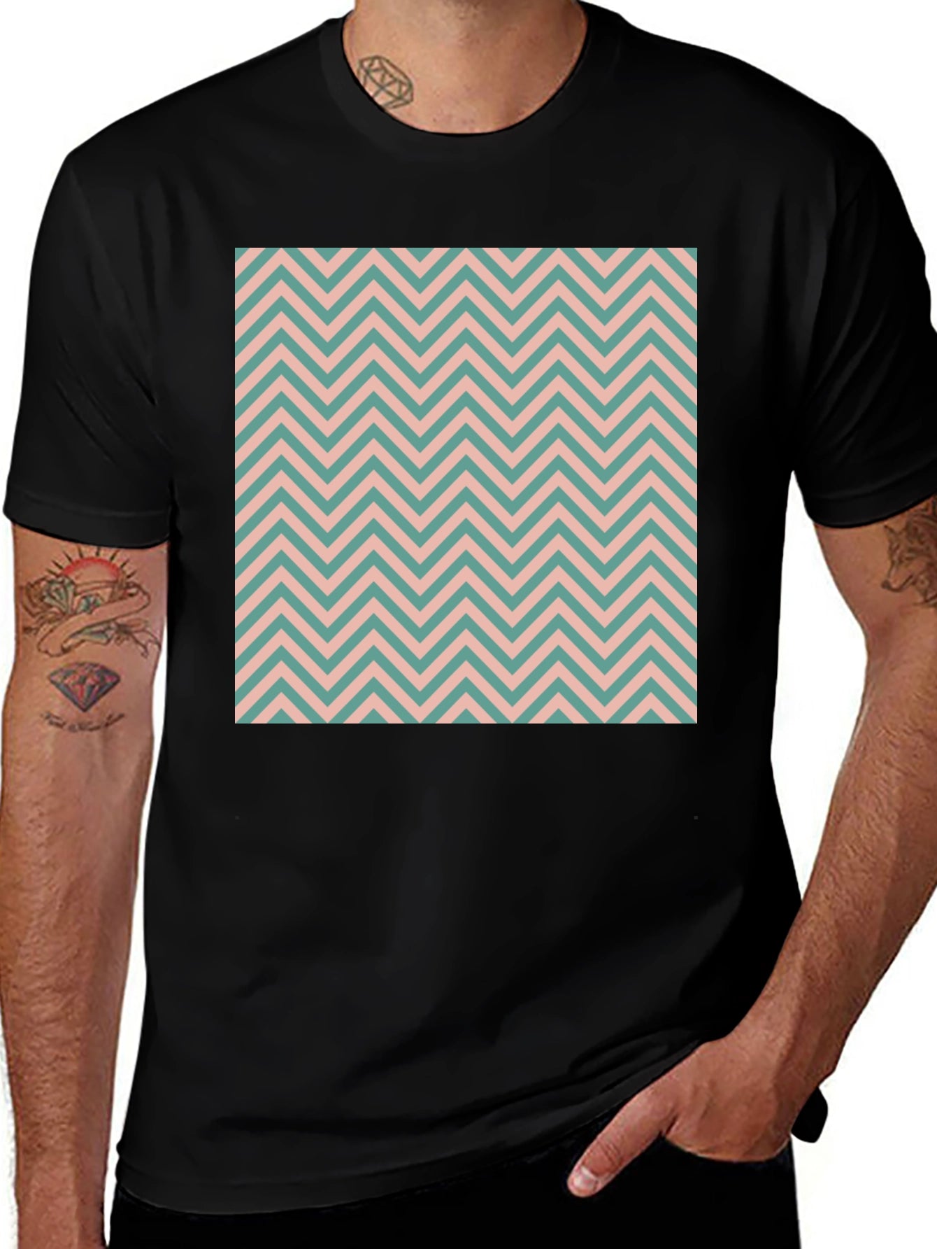 Chevron Pattern Black Crew Neck T-Shirt