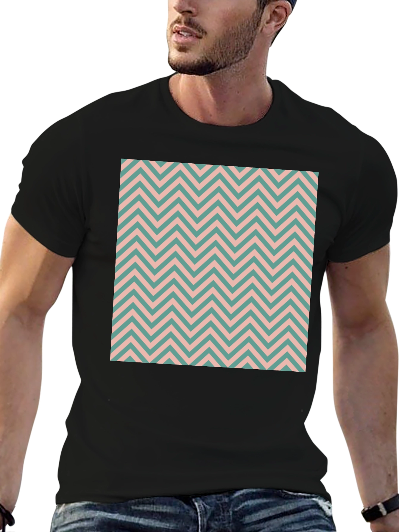 Chevron Pattern Black Crew Neck T-Shirt