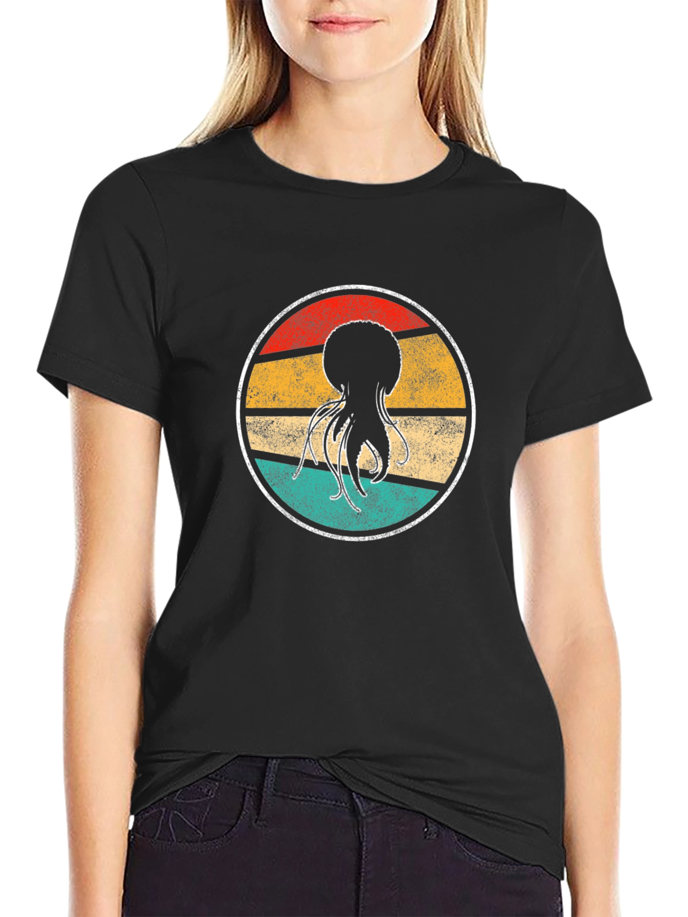 Retro Jellyfish Graphic Tee - Black Cotton T-Shirt