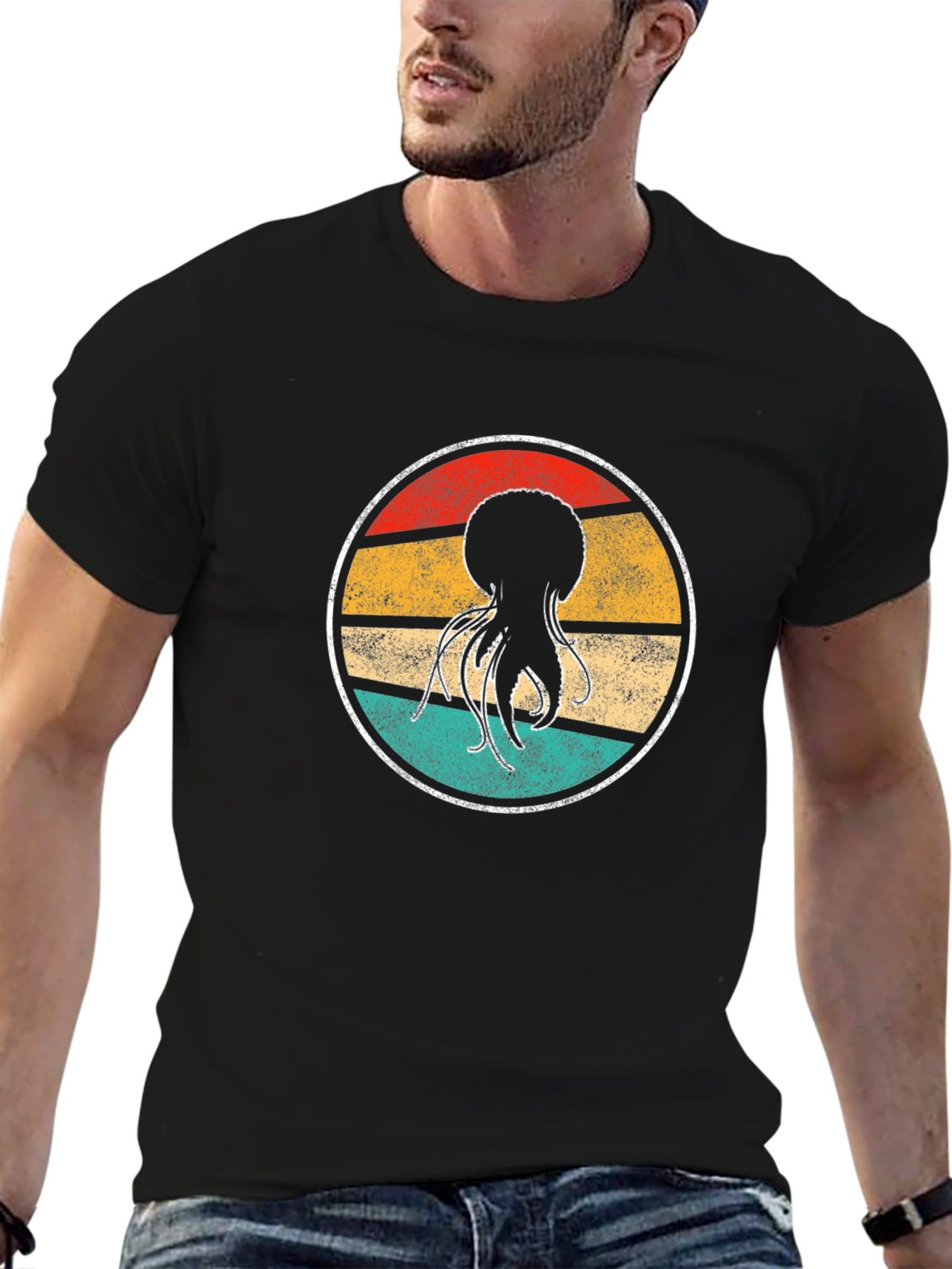 Retro Jellyfish Graphic Tee - Black Cotton T-Shirt