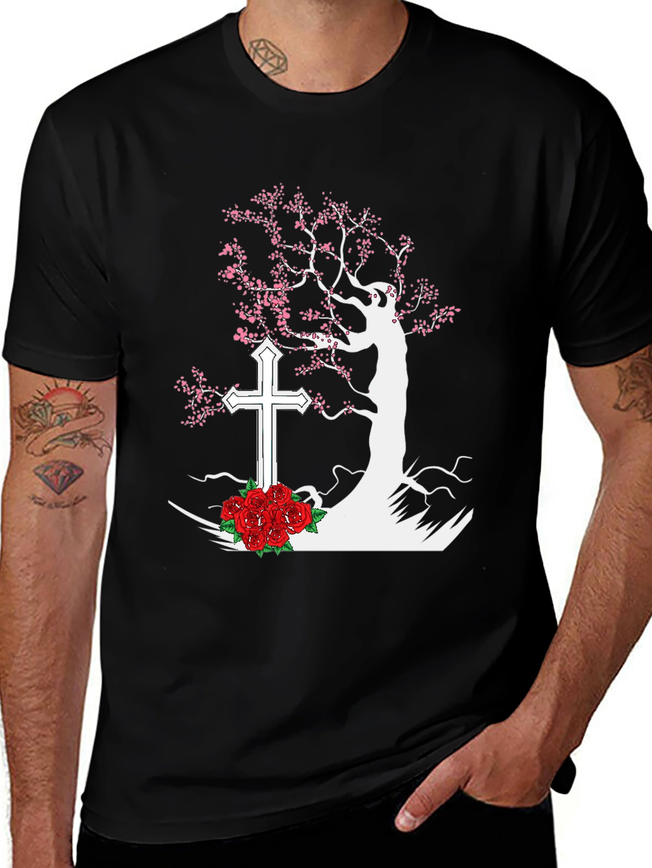 Tree Cross Roses Black T-Shirt