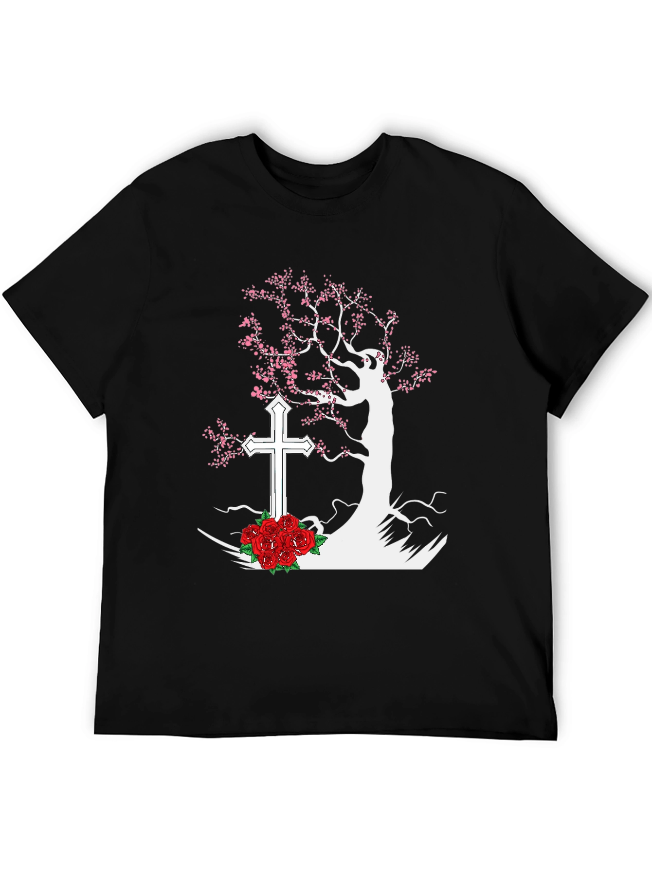 Tree Cross Roses Black T-Shirt