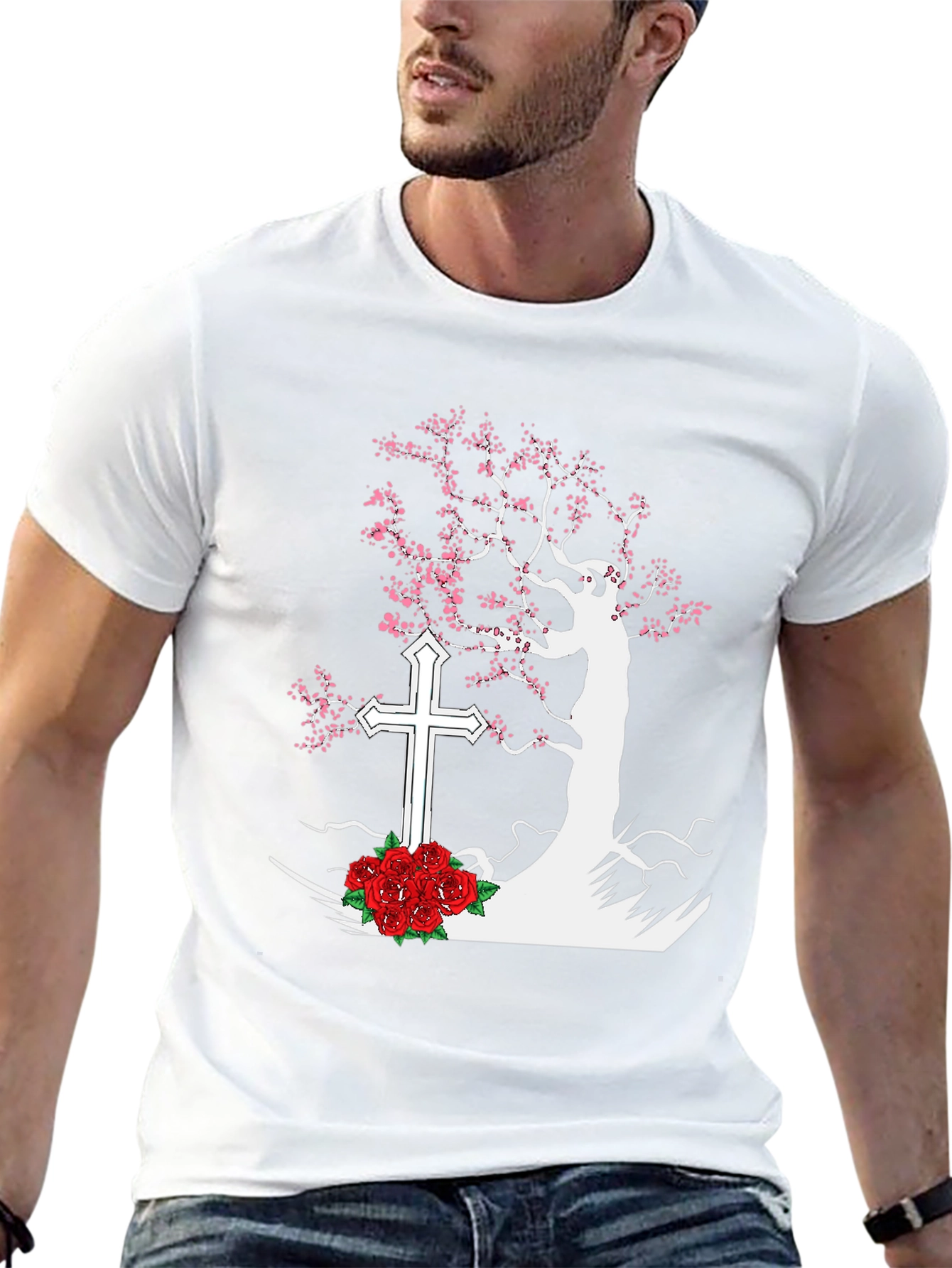 Tree Cross Roses Black T-Shirt