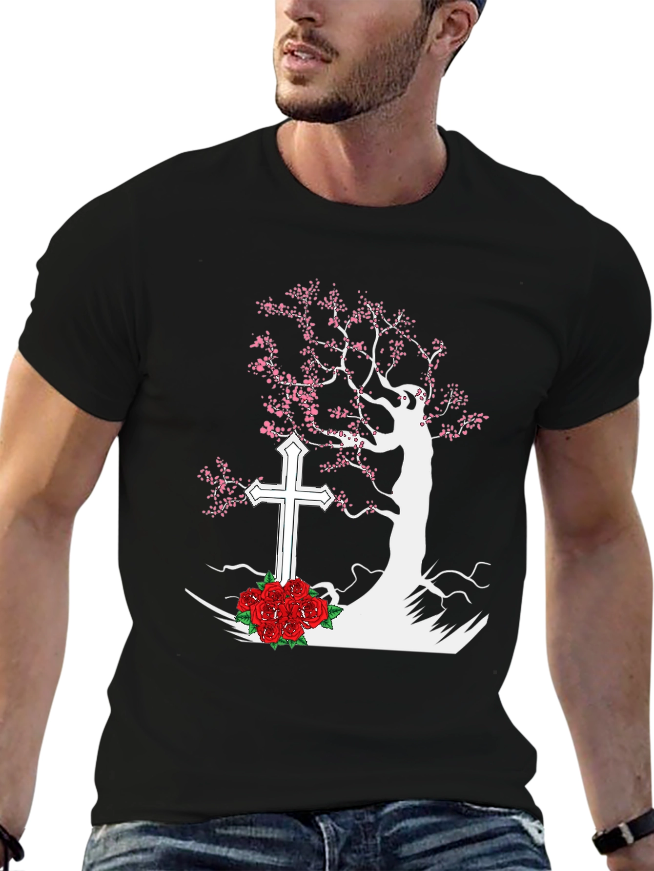 Tree Cross Roses Black T-Shirt