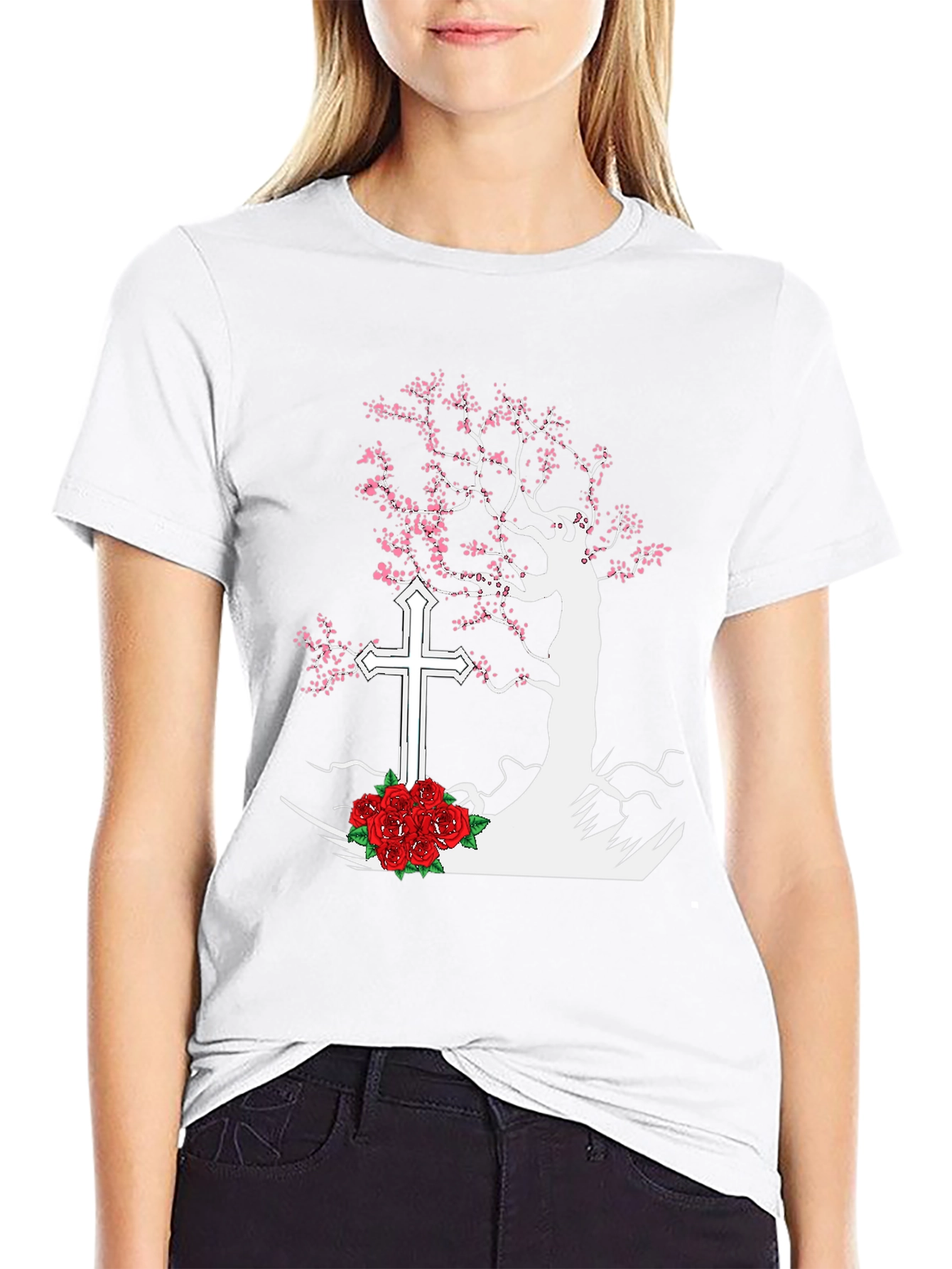Tree Cross Roses Black T-Shirt