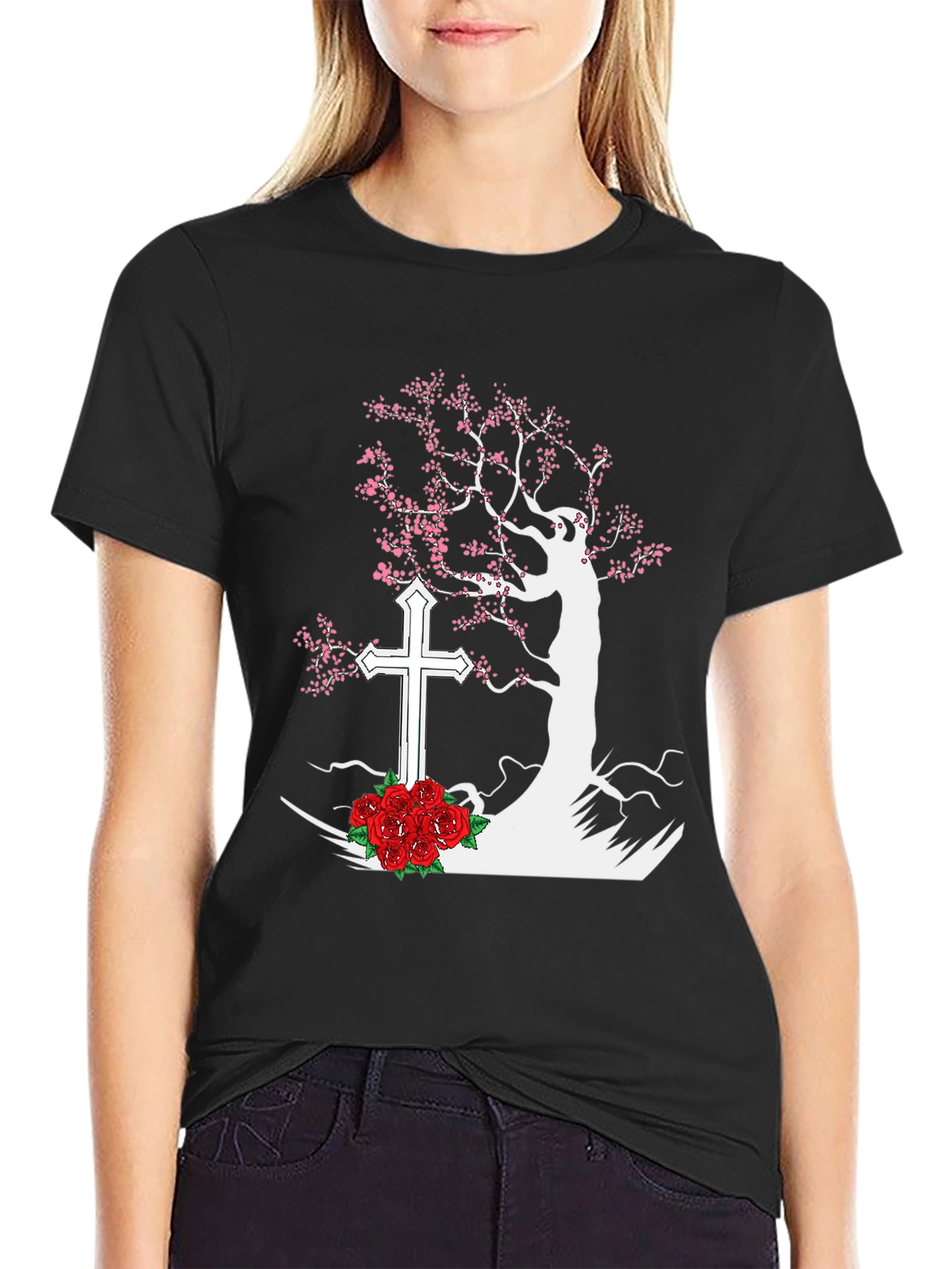 Tree Cross Roses Black T-Shirt