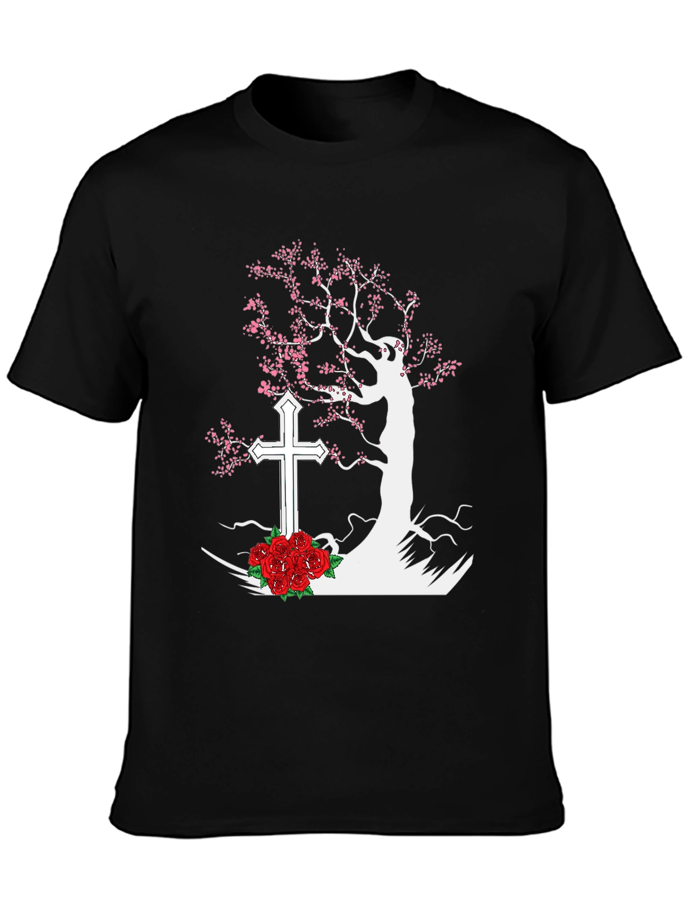 Tree Cross Roses Black T-Shirt
