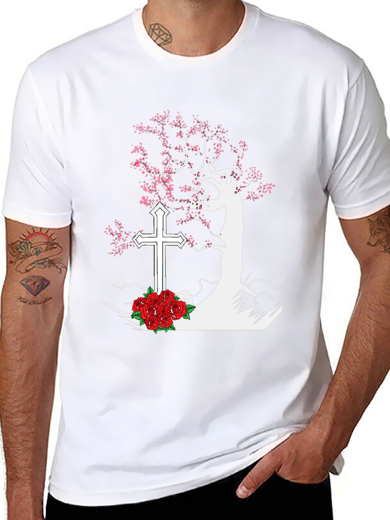 Tree Cross Roses Black T-Shirt